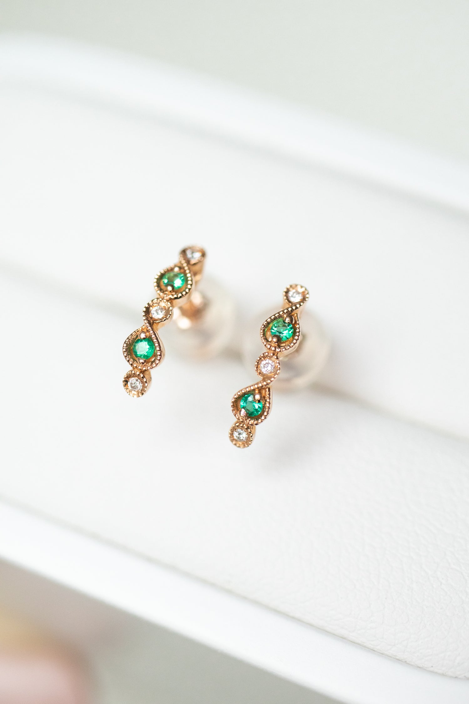 Classic Milgrain Emerald & Diamonds 14/18K Gold Stud Earrings