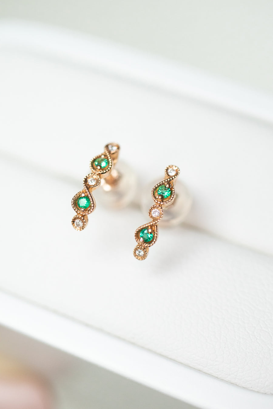 Total 0.05ct Emerald & 0.02ct Diamonds 18K Rose Gold Earrings