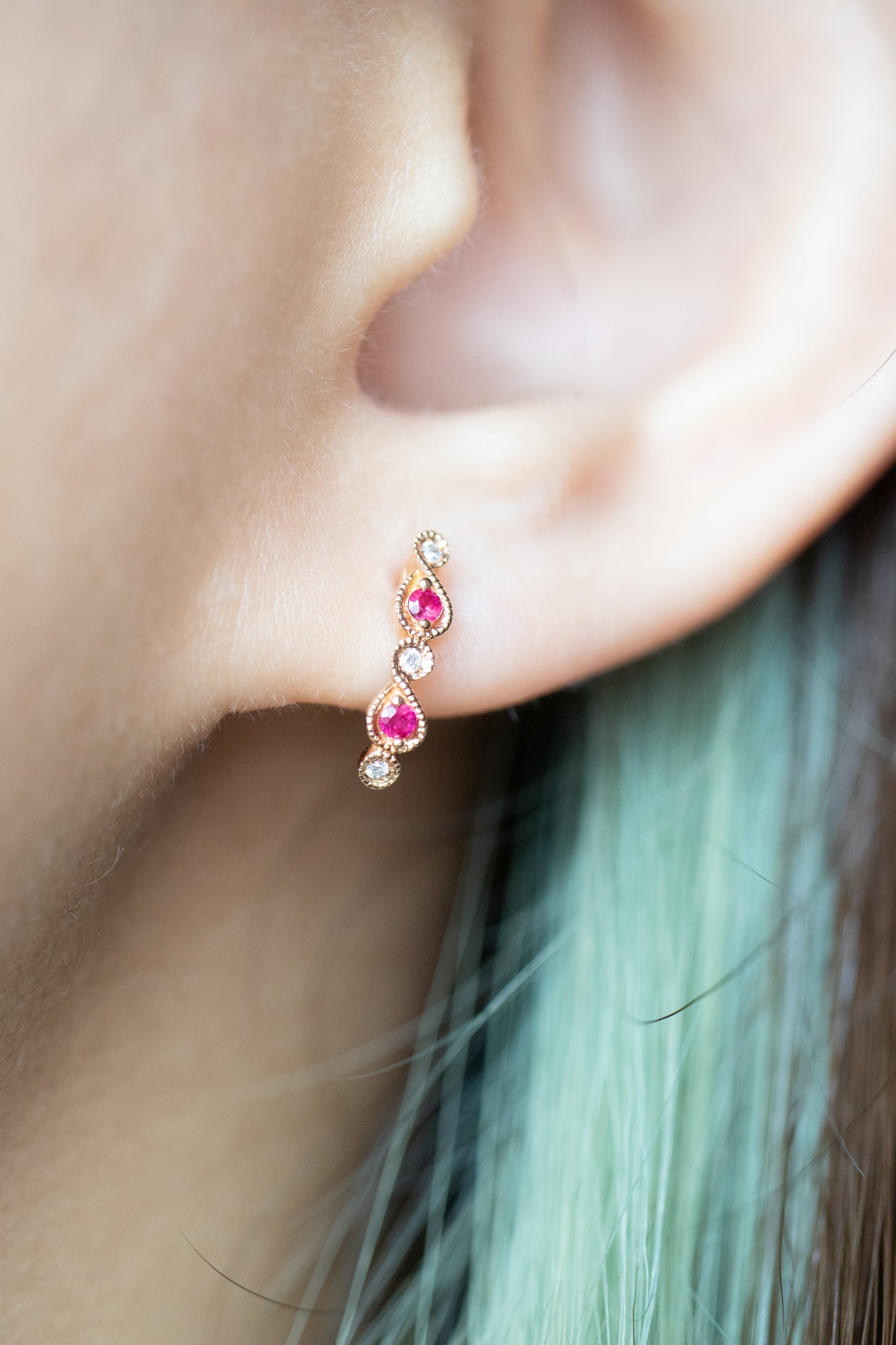 Classic Milgrain Ruby & Diamonds 14/18K Gold Stud Earrings