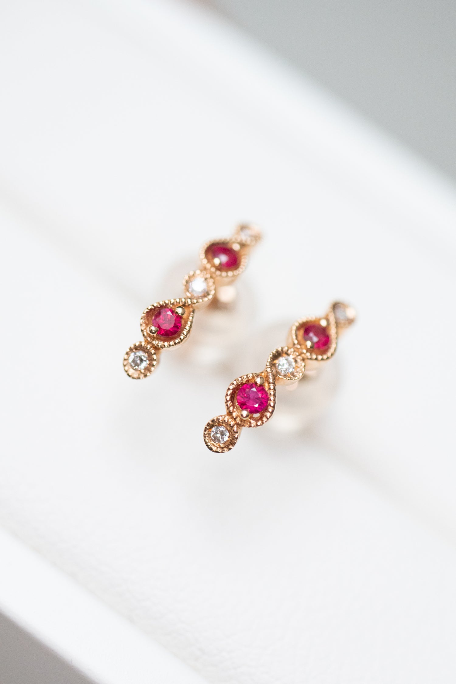 Classic Milgrain Ruby & Diamonds 14/18K Gold Stud Earrings
