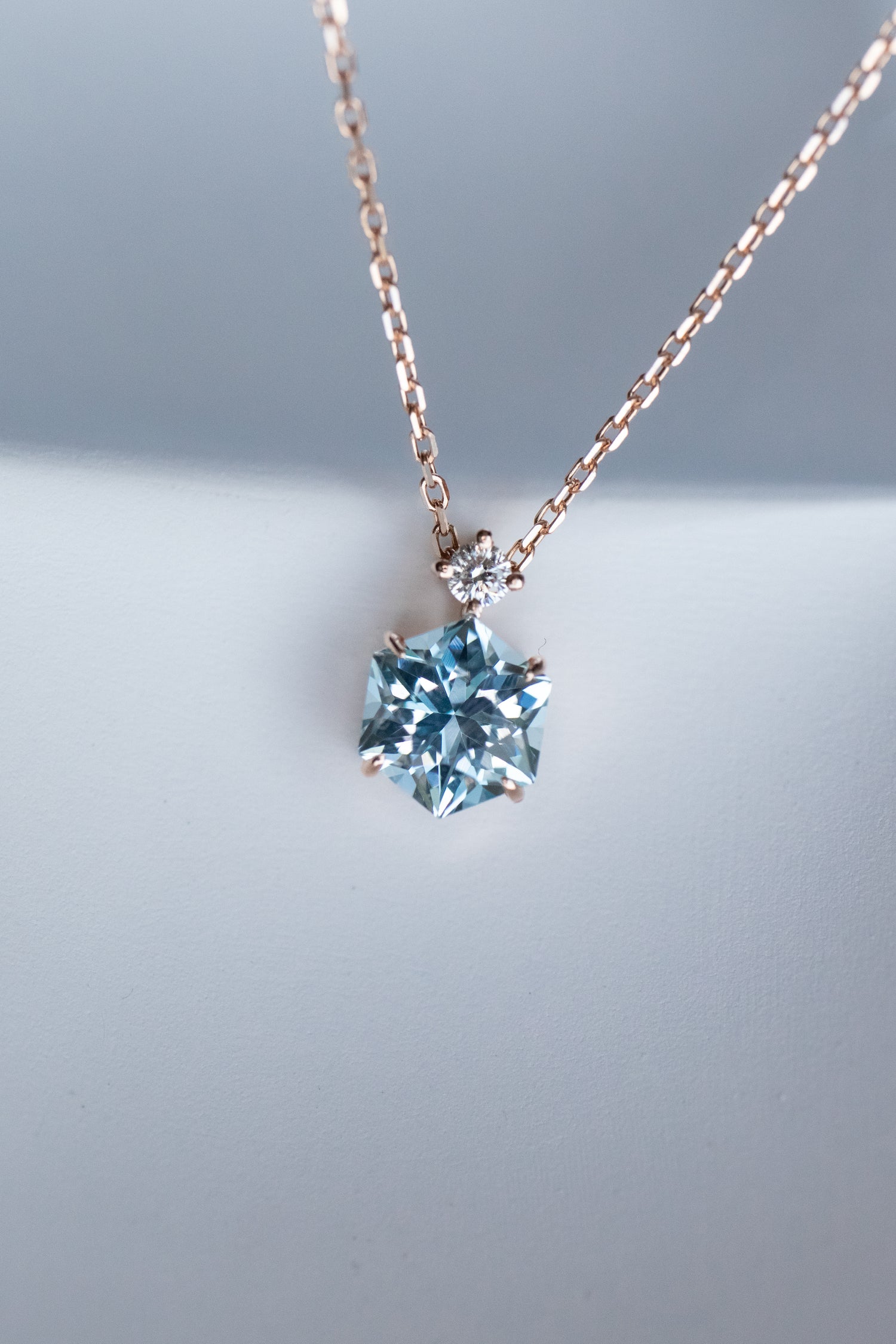 Signature Hexagon Sky Blue Topaz ~1.10-1.20ct & diamond 14K/ 18K Gold Necklace