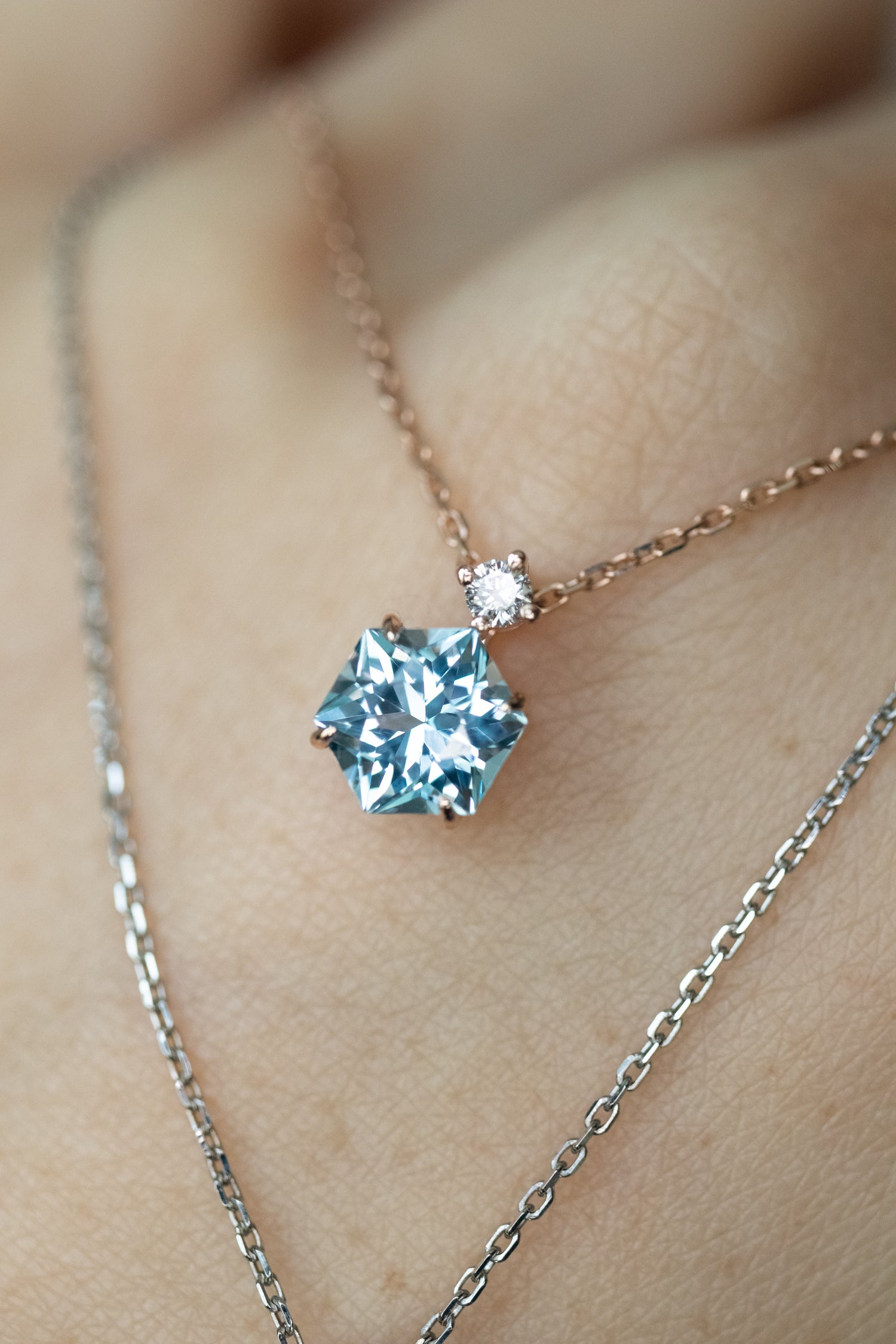 Signature Hexagon Sky Blue Topaz ~1.10-1.20ct & diamond 14K/ 18K Gold Necklace