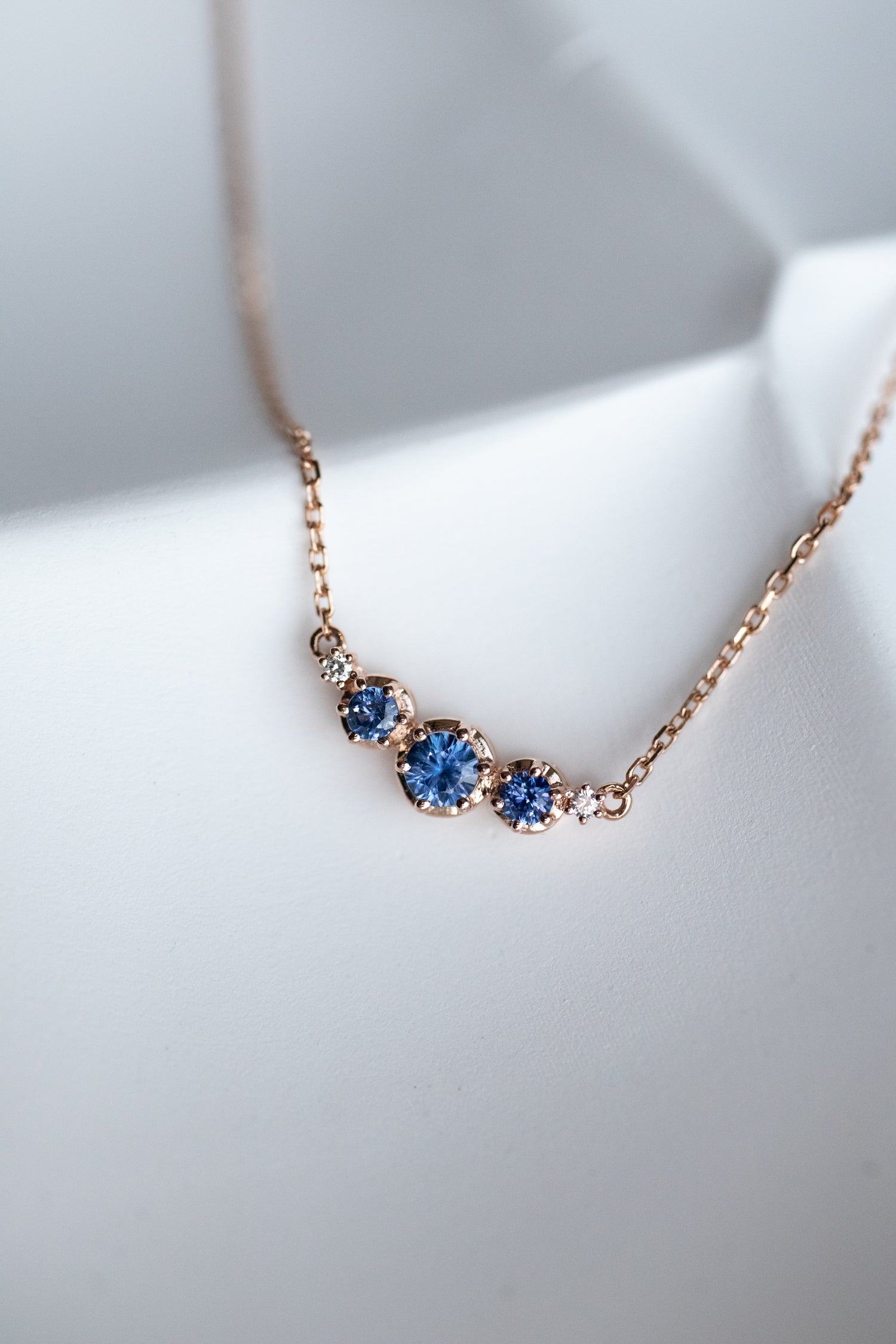 PREORDER - Three Stone Blue Sapphire total ~0.25-0.28ct & Diamonds 18K Gold Necklace