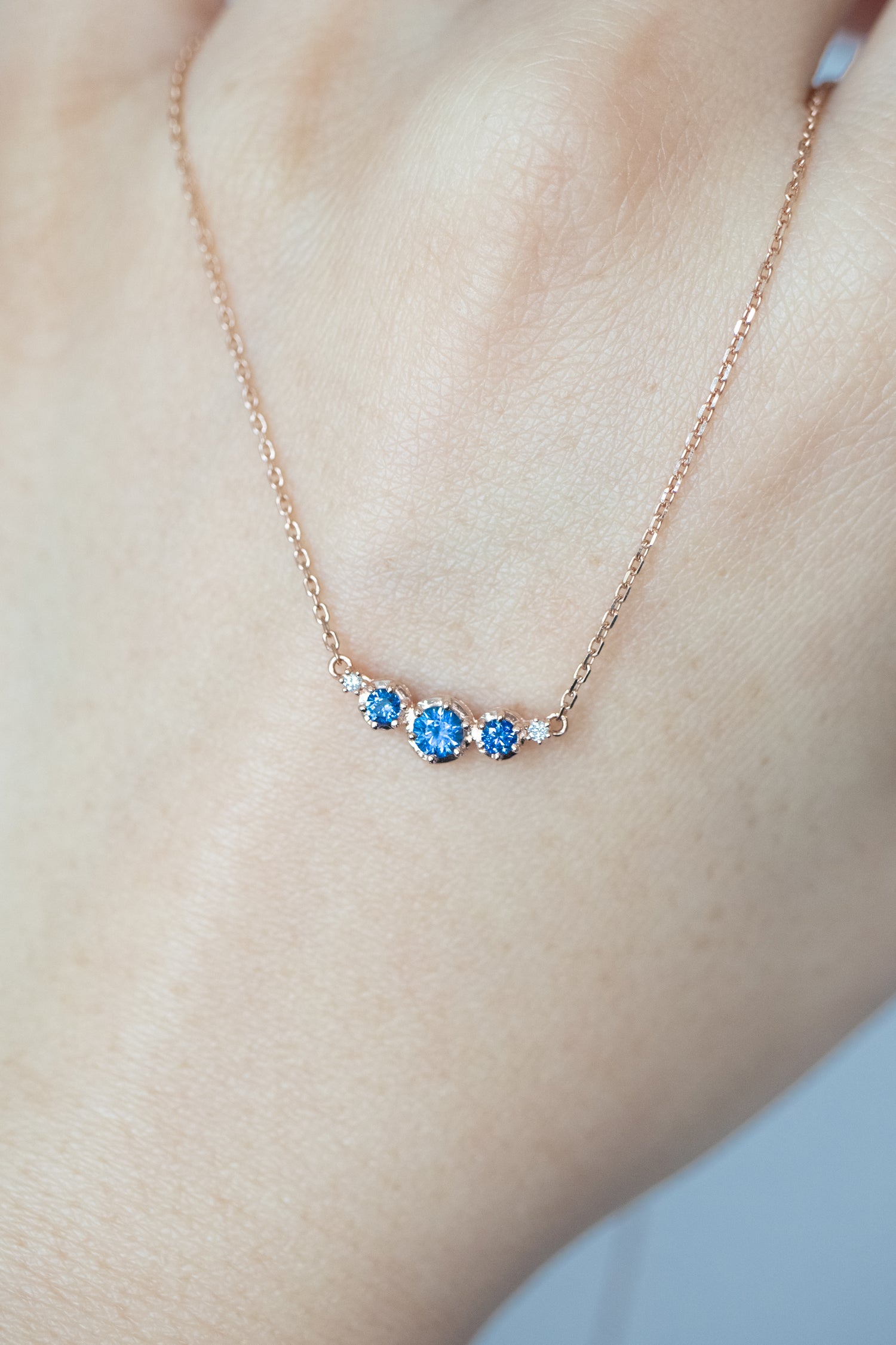PREORDER - Three Stone Blue Sapphire total ~0.25-0.28ct & Diamonds 18K Gold Necklace