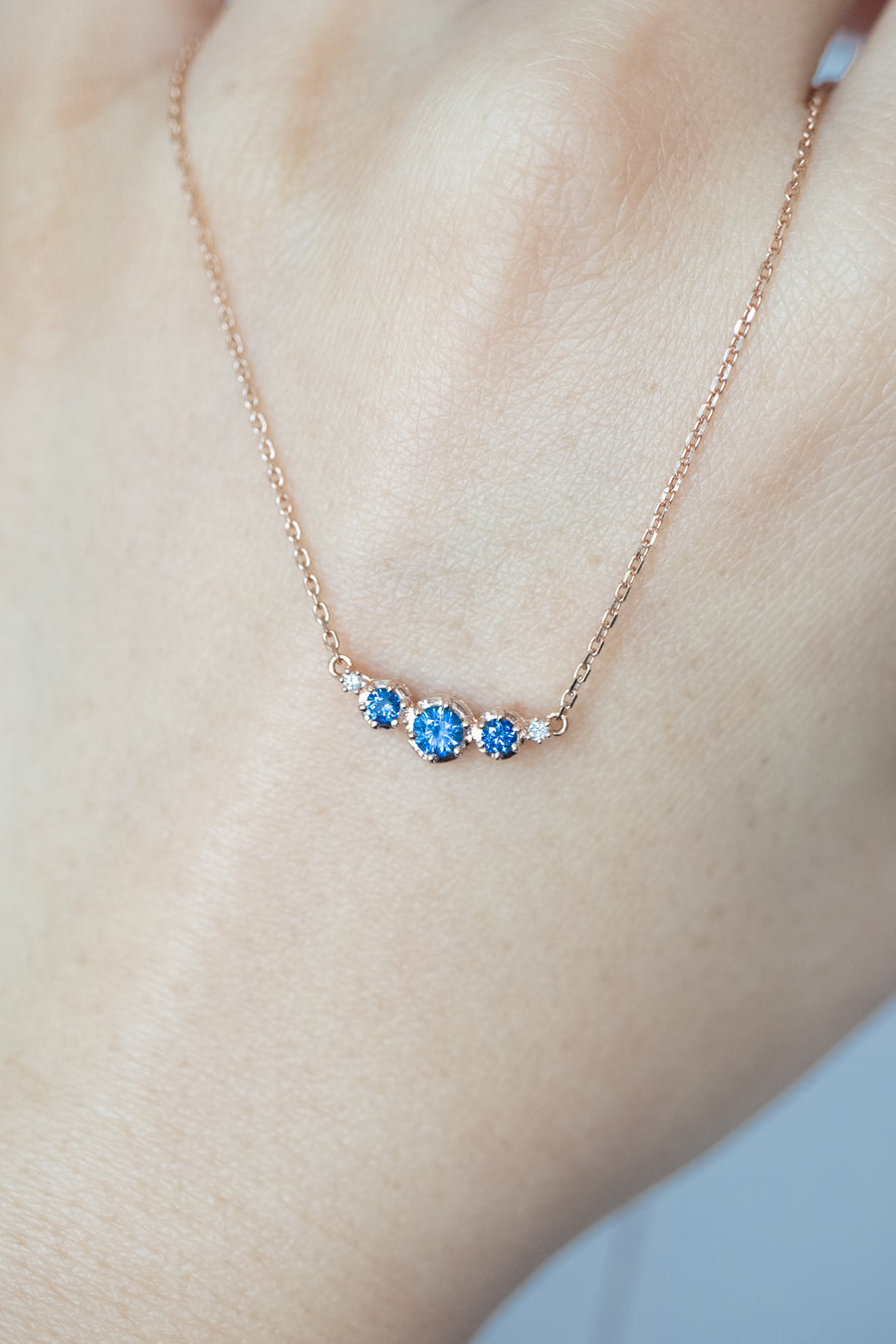 PREORDER - Three Stone total ~0.28ct Blue Sapphire & Natural Diamonds 18K Gold Necklace