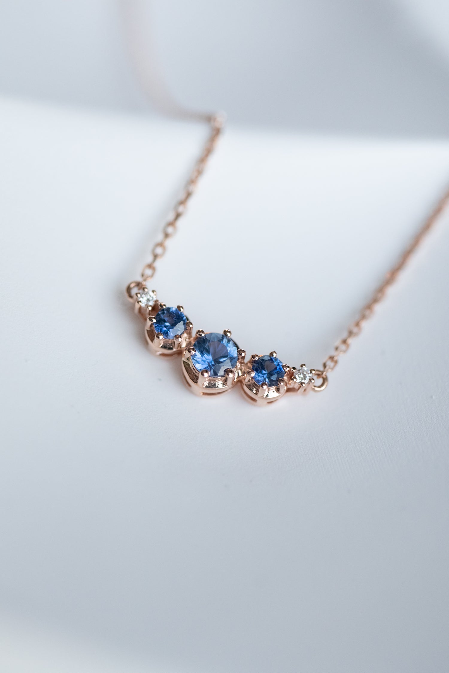 PREORDER - Three Stone Blue Sapphire total ~0.25-0.28ct & Diamonds 18K Gold Necklace