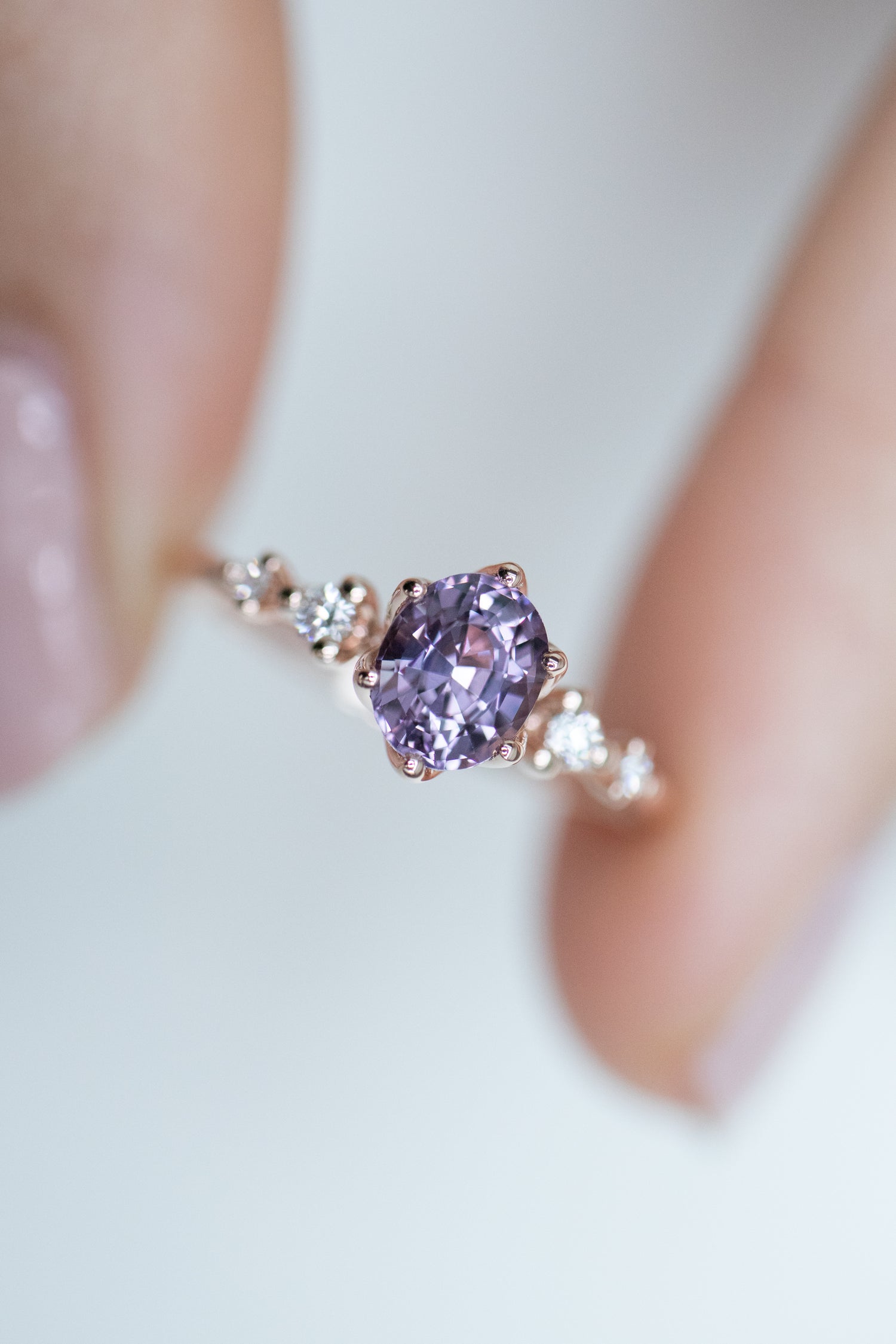 0.70ct Oval Lavender Spinel & diamonds 14K Rose Gold Twisted Ring