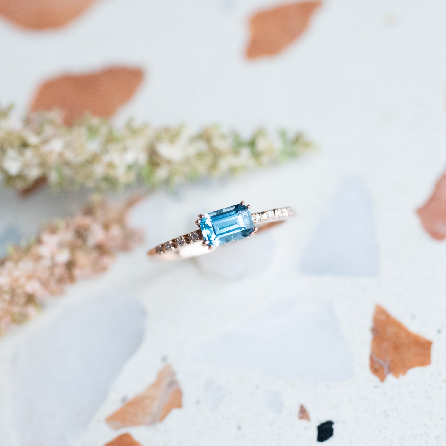 PREORDER - Emerald Swiss Blue Topaz ~0.66ct & Diamonds 14/ 18K Gold Ring