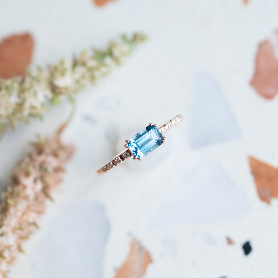Rectangle Swiss Blue Topaz & Diamonds Ring