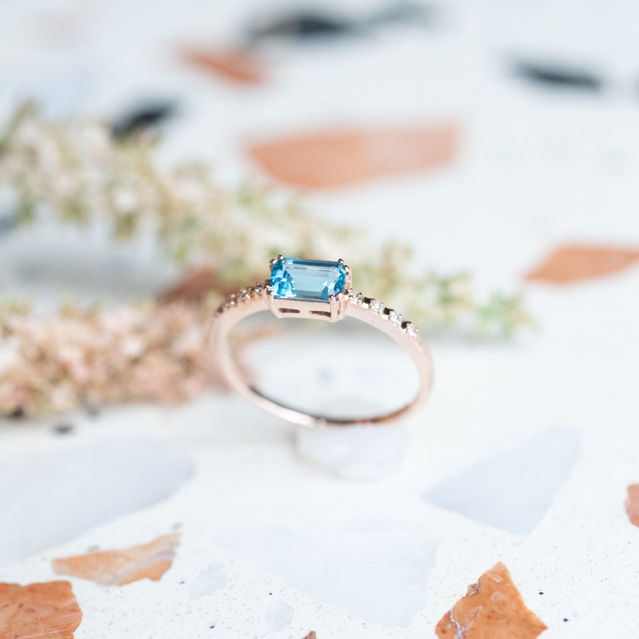 Rectangle Swiss Blue Topaz & Diamonds Ring