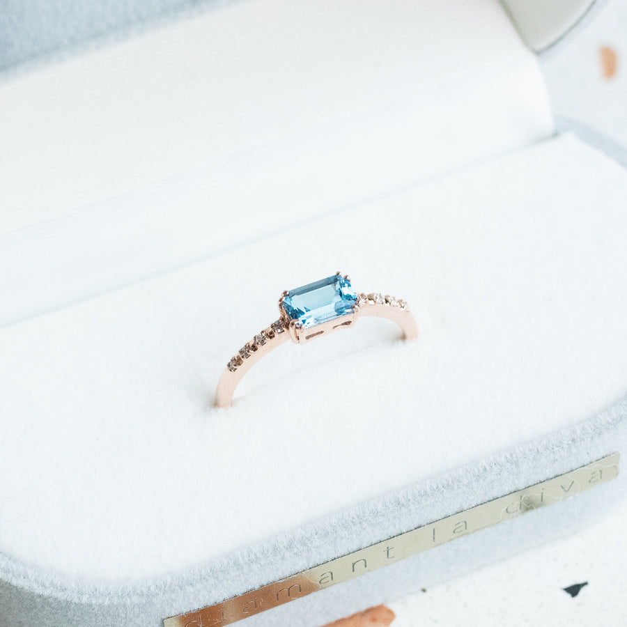 Rectangle Swiss Blue Topaz & Diamonds Ring