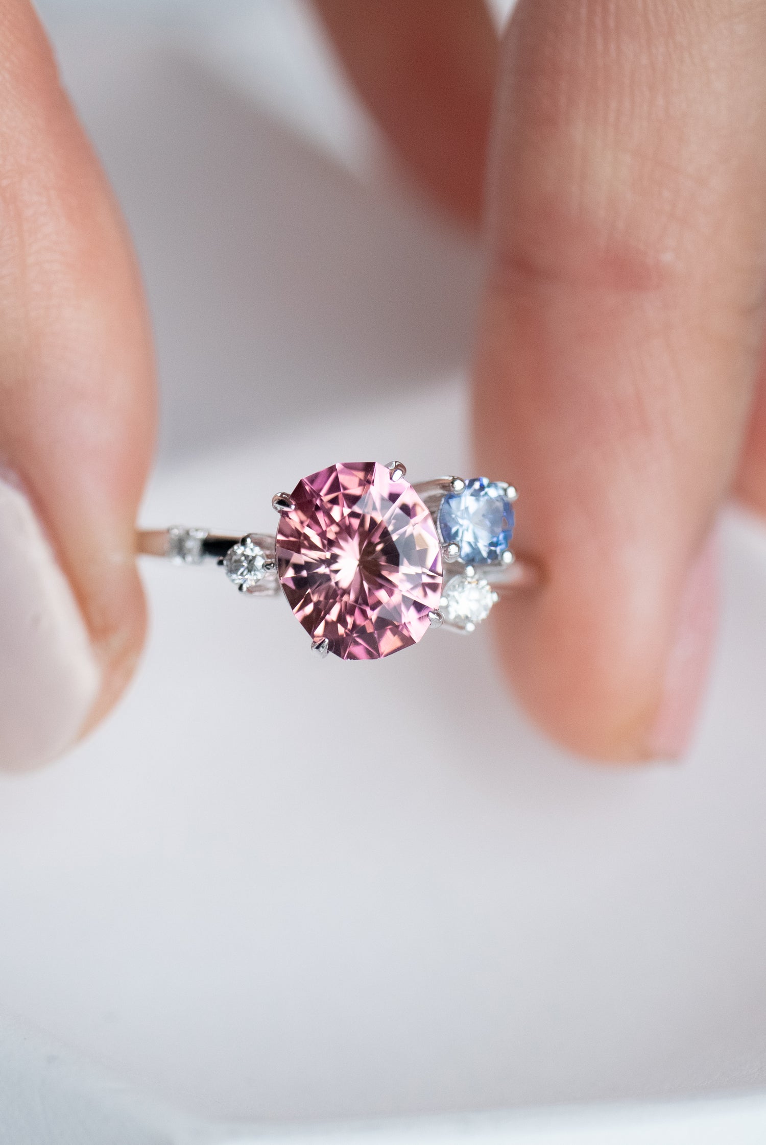 1.65ct Oval Pink Tourmaline & Round Sapphire & diamonds 18K White Gold Ring