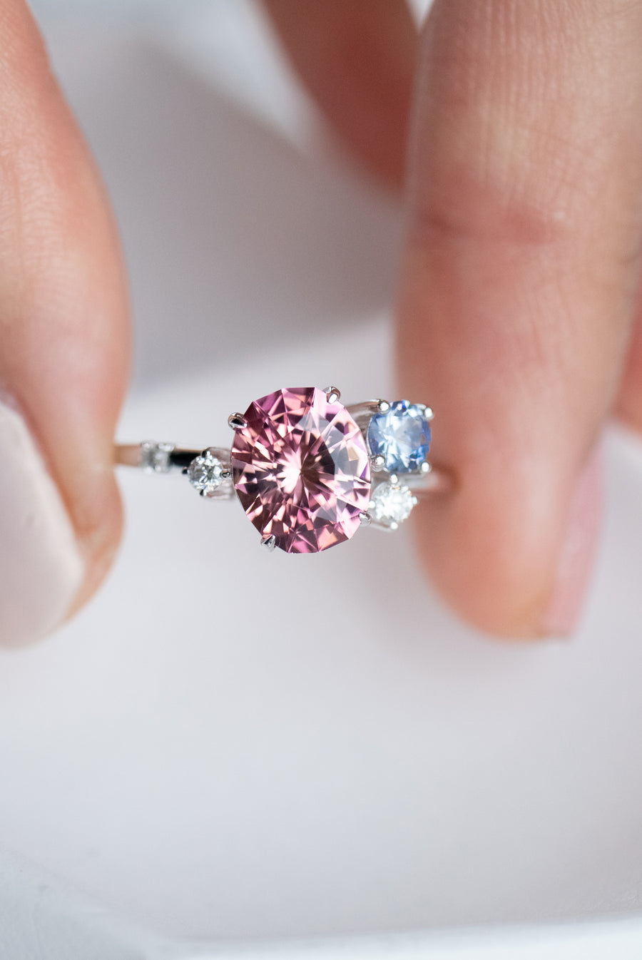 1.65ct Oval Pink Tourmaline & Round Sapphire & Total 0.085ct Diamonds 18K White Gold Ring