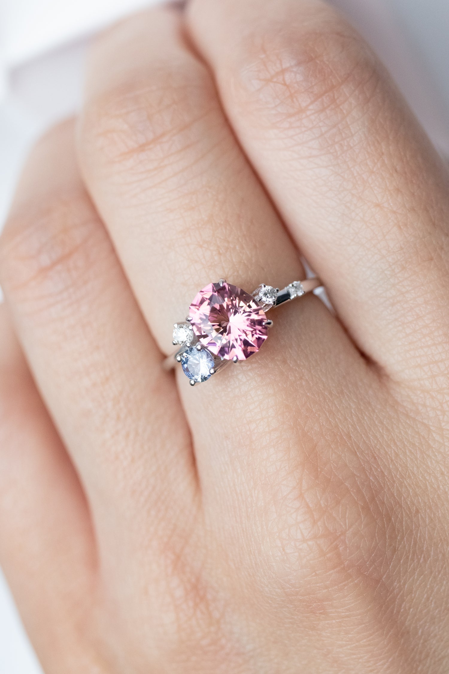 1.65ct Oval Pink Tourmaline & Round Sapphire & diamonds 18K White Gold Ring