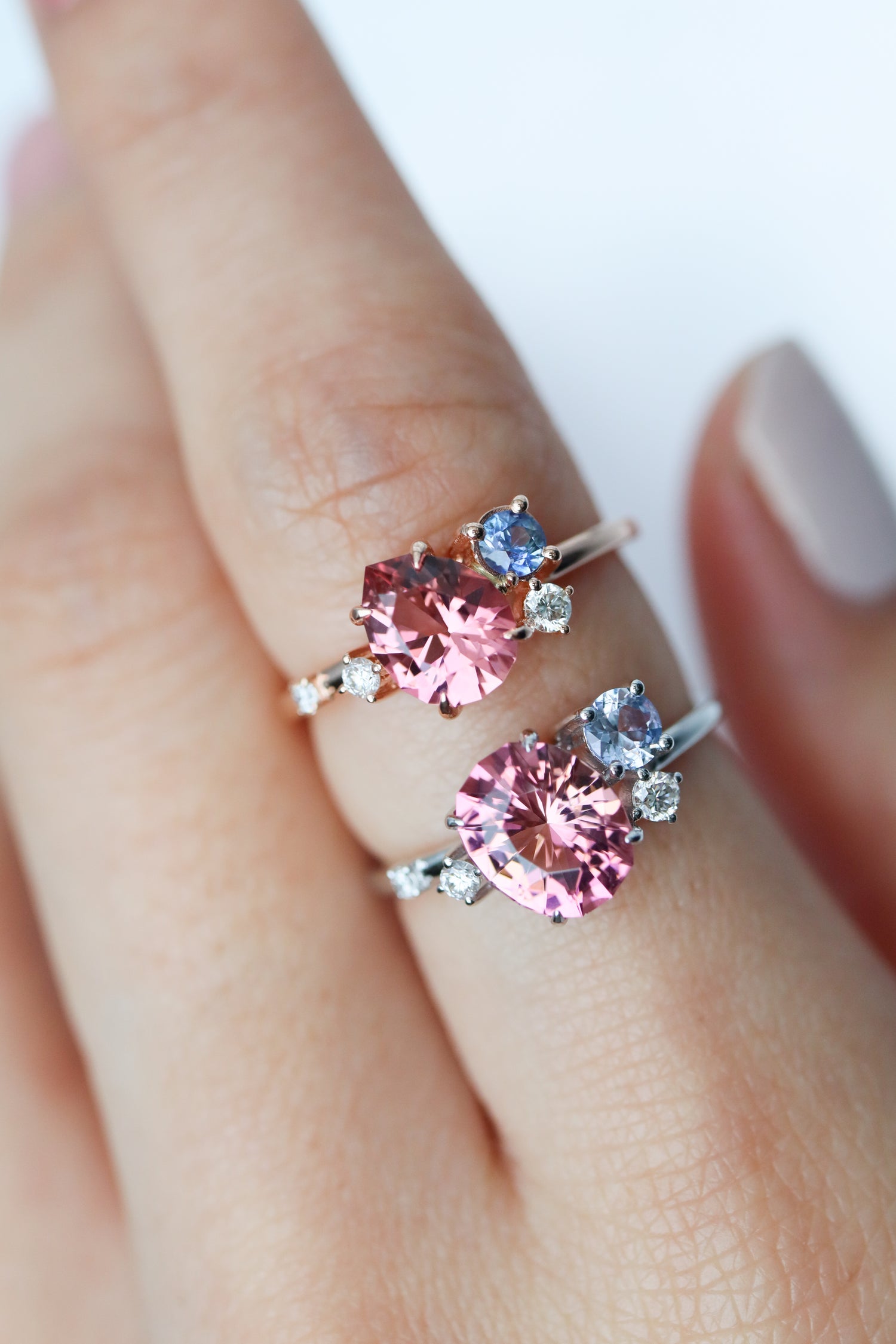 1.65ct Oval Pink Tourmaline & Round Sapphire & diamonds 18K White Gold Ring