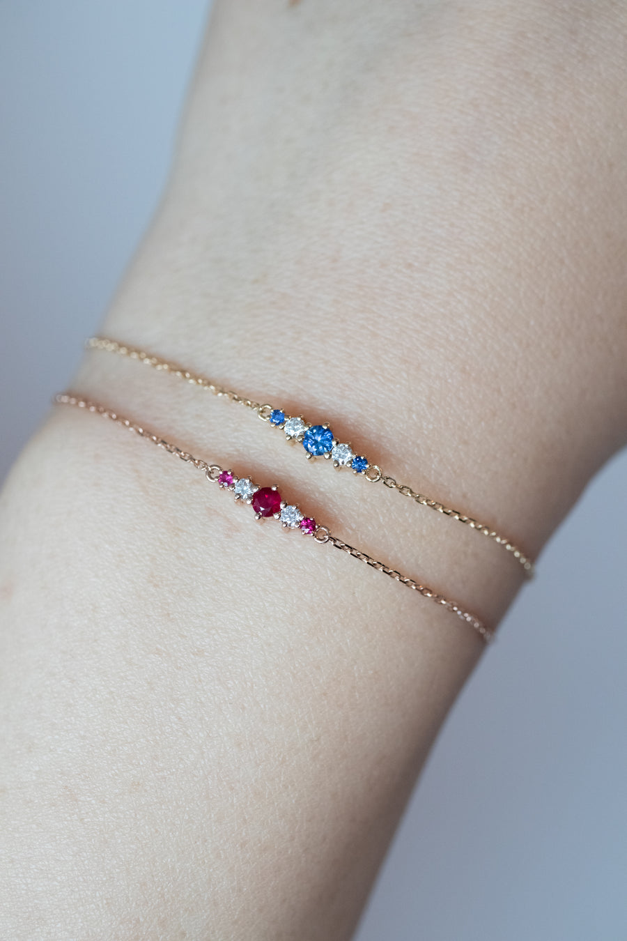 PREORDER - Exquisite Five Stone Blue Sapphire/ Ruby & Diamonds 18K Gold Bracelet