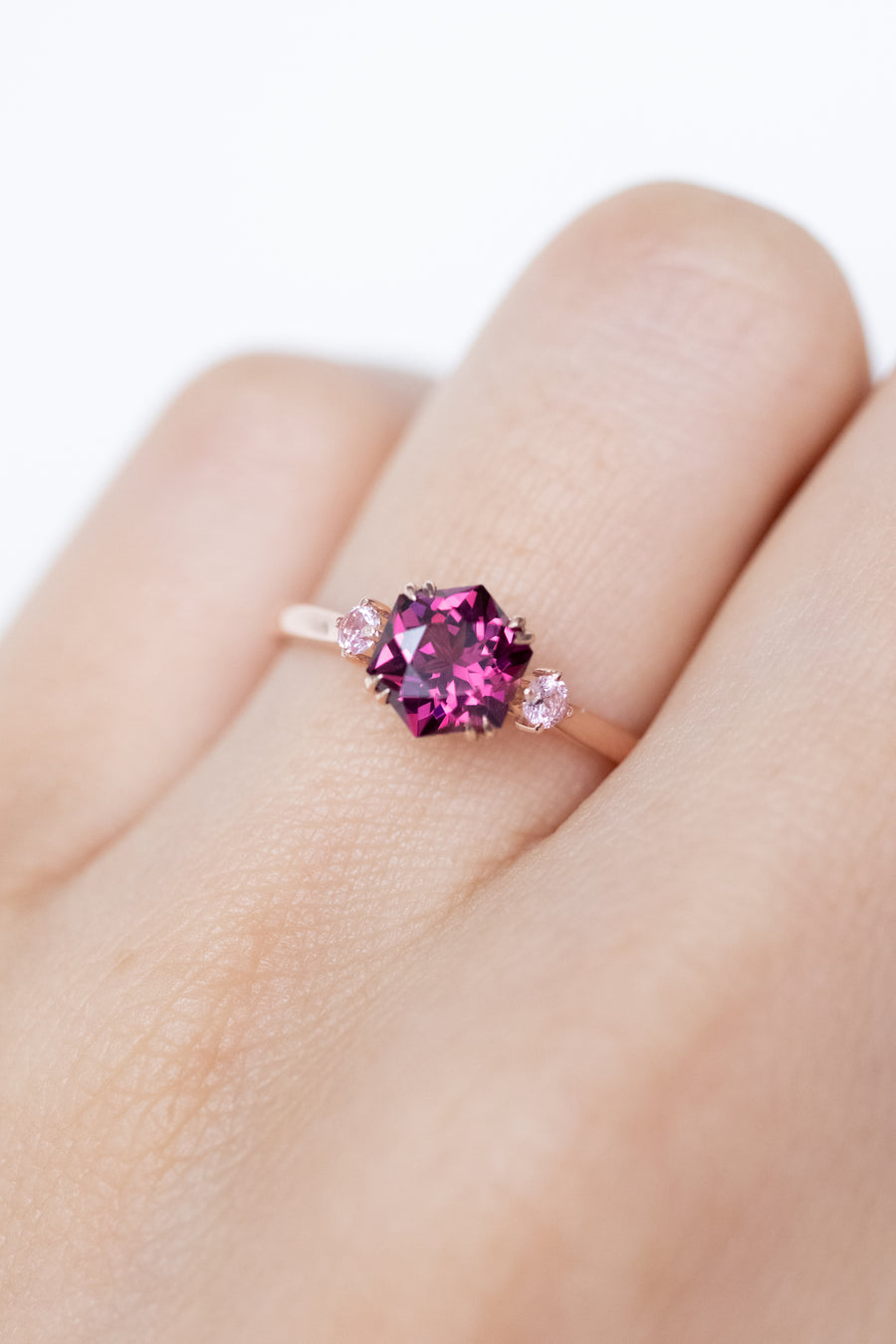 1.3ct Pinkish Red Hexagon Garnet & Pink Spinels 14K Rose Gold Ring