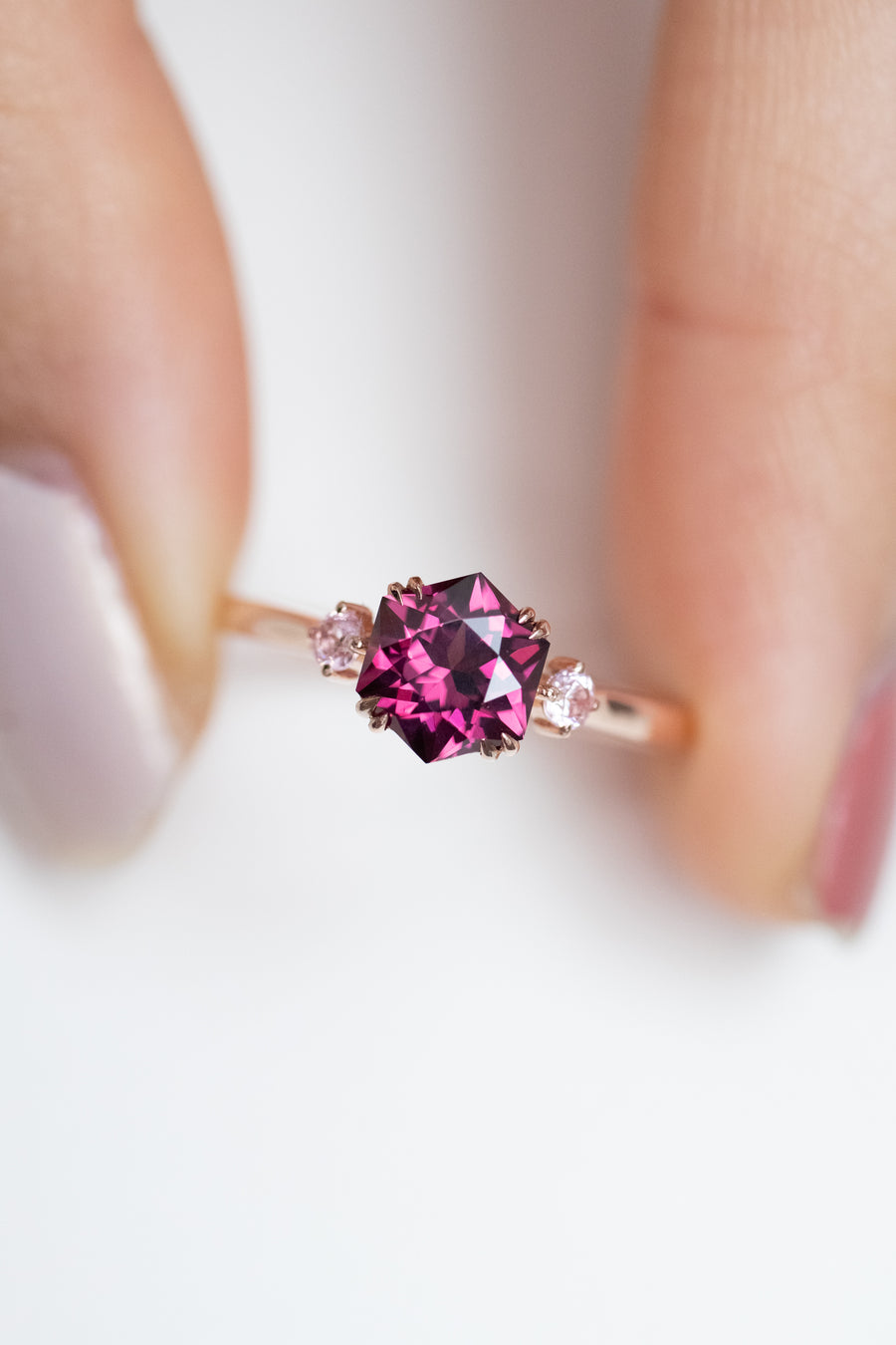 1.3ct Pinkish Red Hexagon Garnet & Pink Spinels 14K Rose Gold Ring