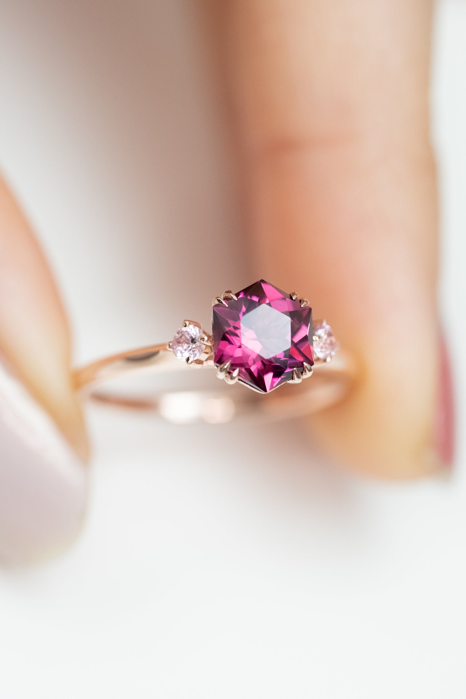 1.3ct Pinkish Red Hexagon Garnet & Pink Spinels 14K Rose Gold Ring