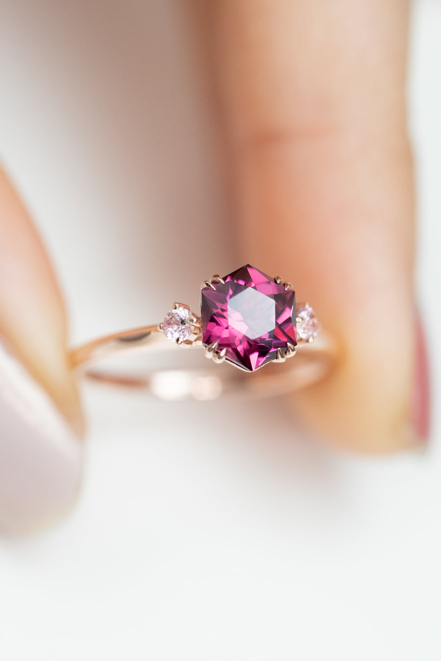 1.3ct Pinkish Red Hexagon Garnet & Pink Spinels 14K Rose Gold Ring