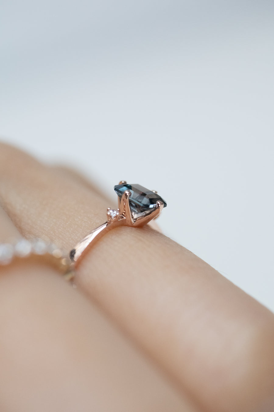 0.60ct Step Cut Blue Spinel & diamond 14K Rose Gold Ring