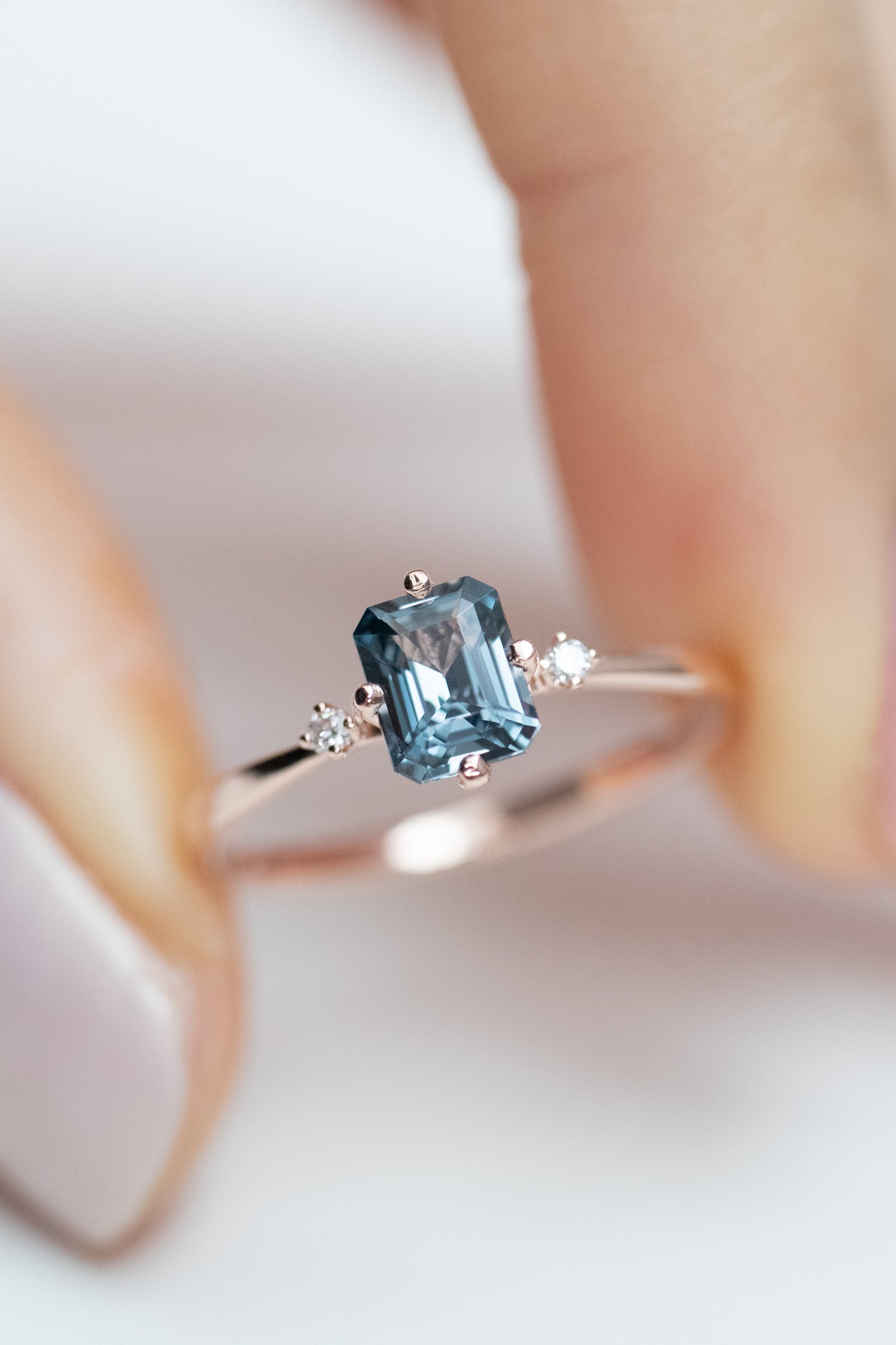 0.60ct Step Cut Blue Spinel & diamonds 14K Rose Gold Ring