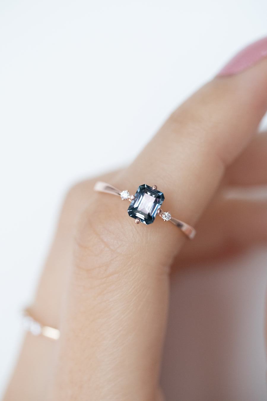 0.60ct Step Cut Blue Spinel & diamond 14K Rose Gold Ring