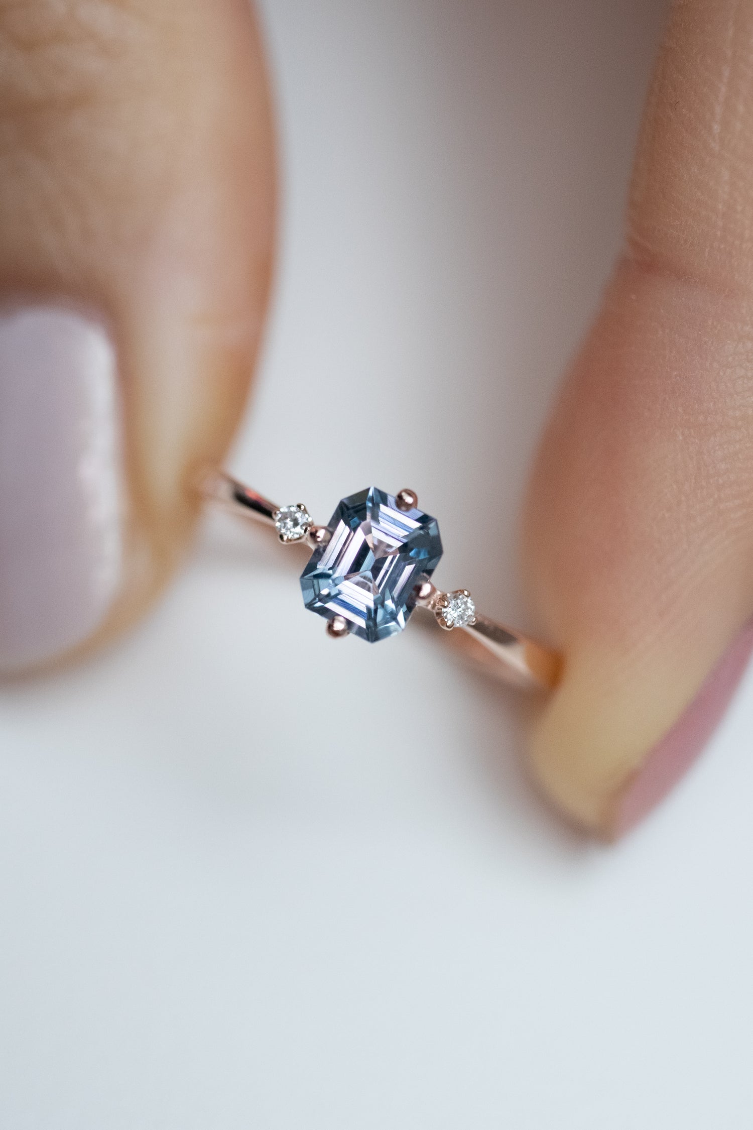 0.60ct Step Cut Blue Spinel & diamonds 14K Rose Gold Ring
