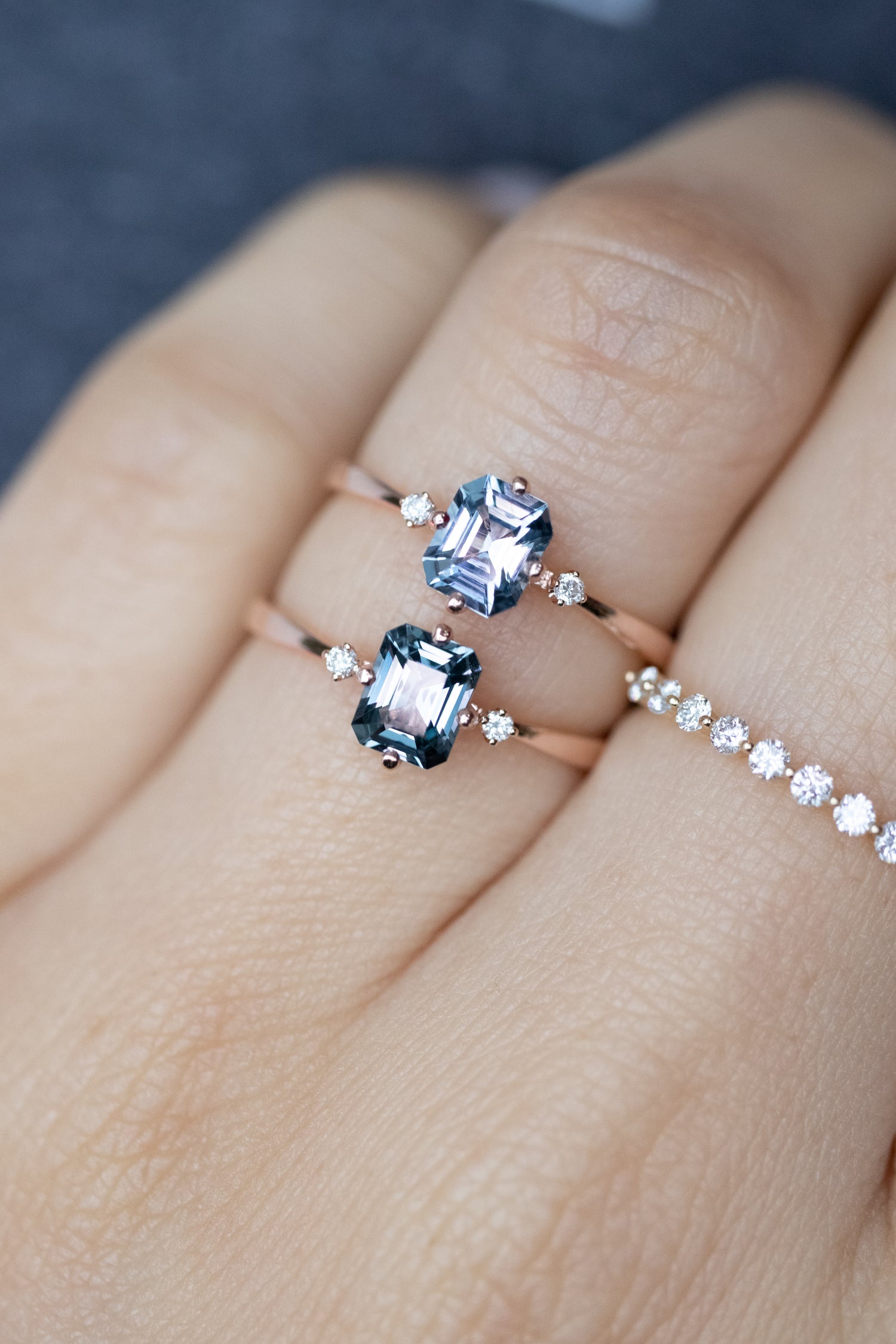 0.60ct Step Cut Blue Spinel & diamonds 14K Rose Gold Ring