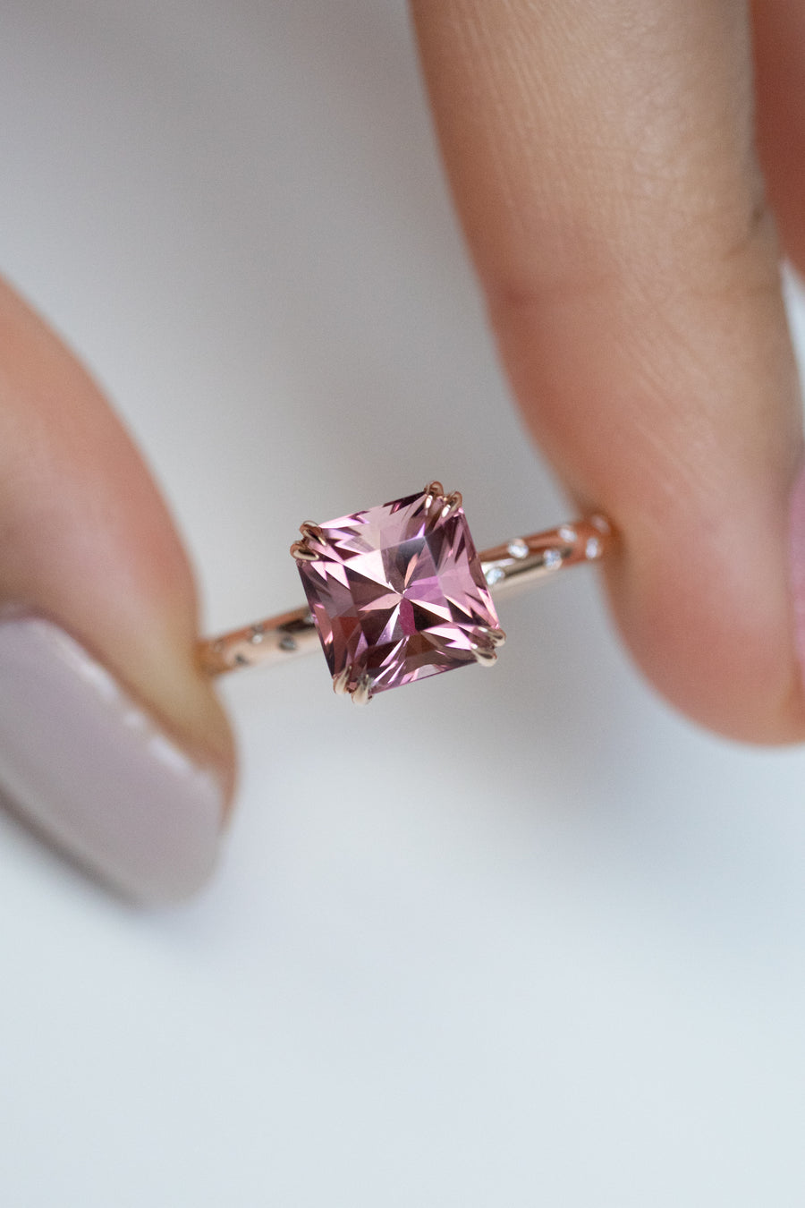 2.35ct Radiant Pink Tourmaline(with cert) & Total 0.042ct Diamonds 18K Rose Gold Ring