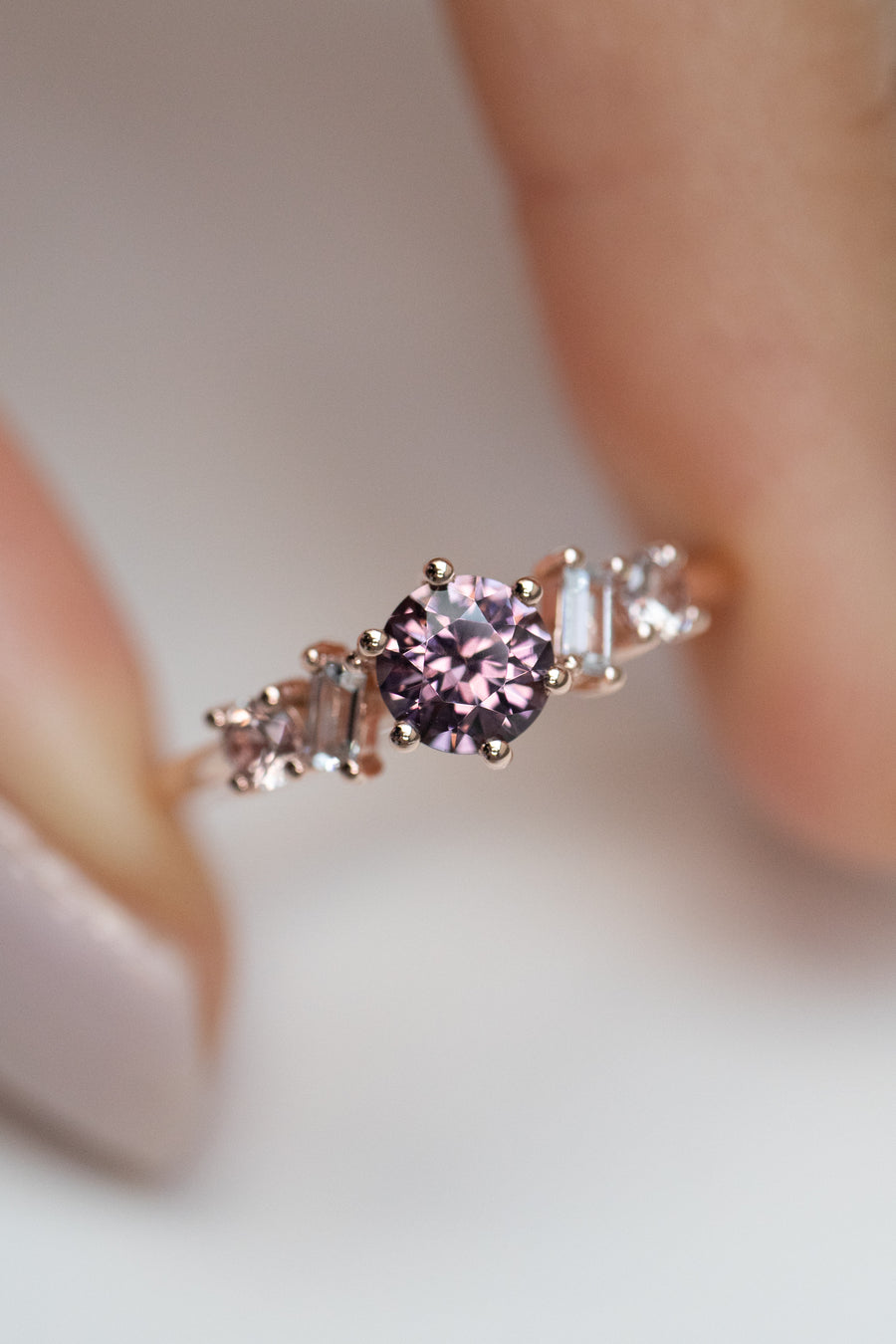 0.44ct Round Grayish Red Wine Spinel & Sapphire 14K Rose Gold Ring