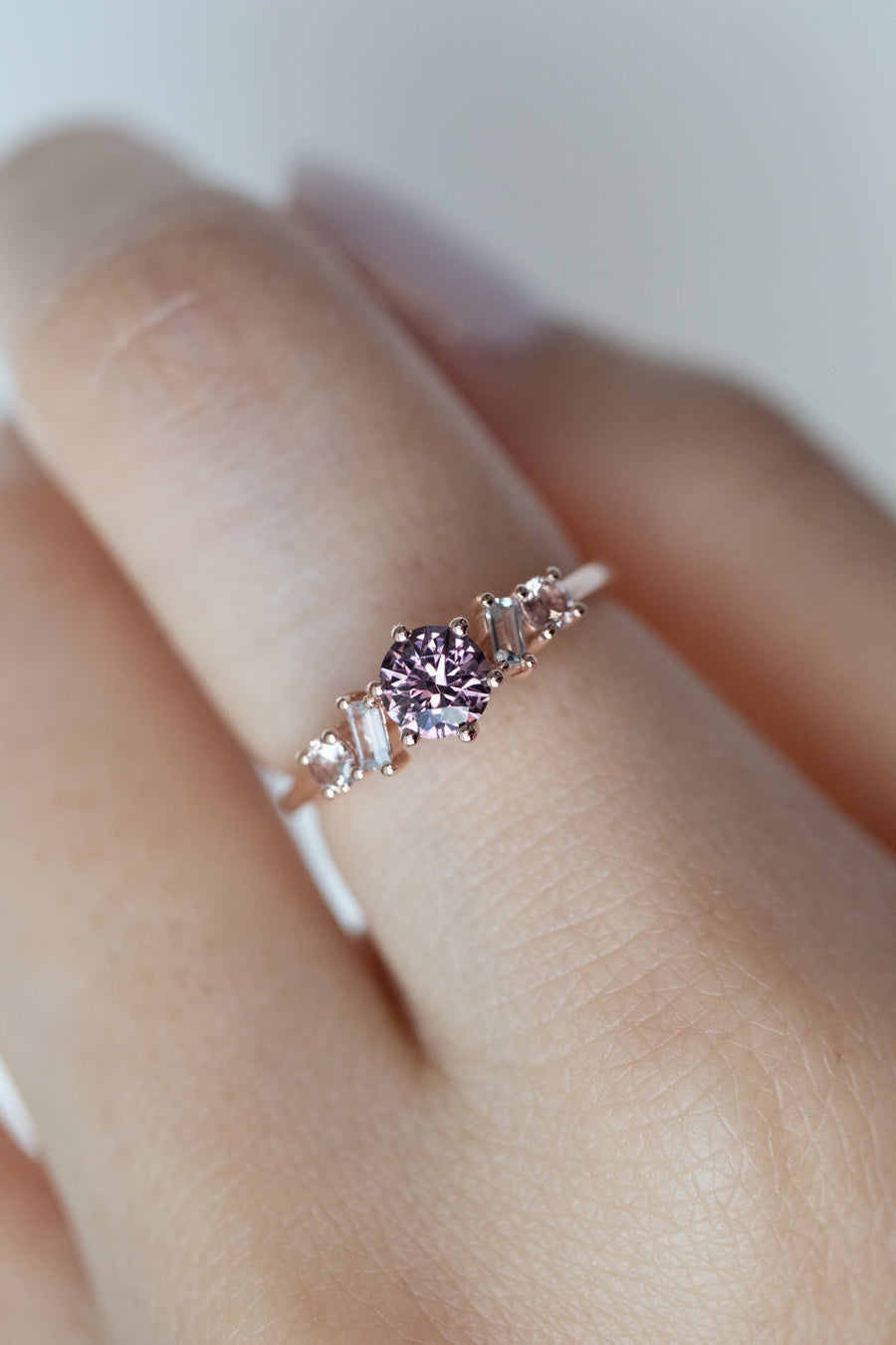 0.44ct Round Grayish Red Wine Spinel & Sapphire 14K Rose Gold Ring