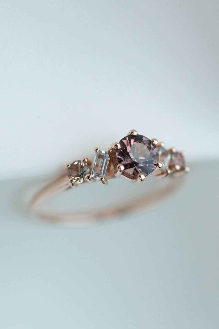 0.44ct Round Grayish Red Wine Spinel & Total 0.26ct Round and  Baguette Sapphires 14K Rose Gold Ring