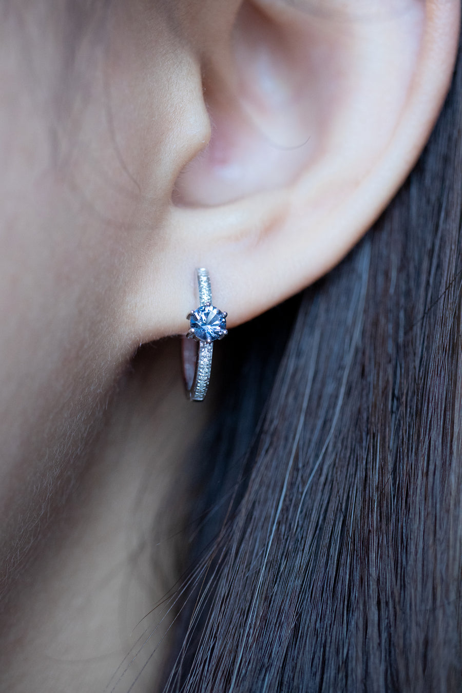 ~3.5mm Grayish Spinel & total ~0.07carat Diamonds 18K White Gold Hoop Earrings