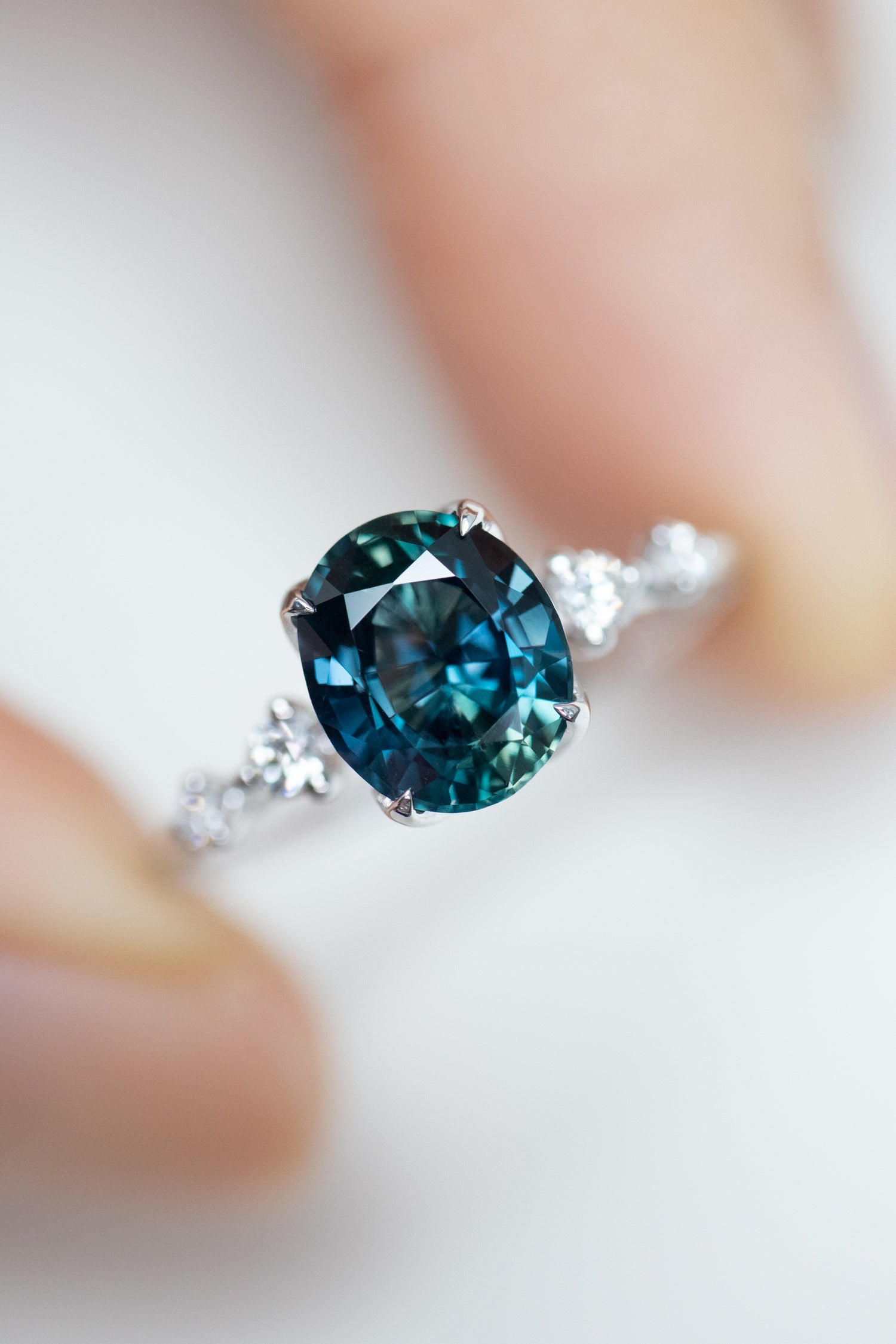1.51ct Oval Teal Blue Sapphire (Unheated with Certificate) & diamonds 18K White Gold Ring