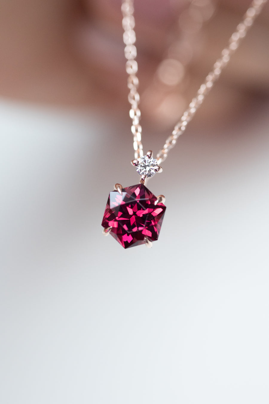 Signature Hexagon ~1.30-1.50ct Garnet & Diamond 14K/18K Gold Necklace