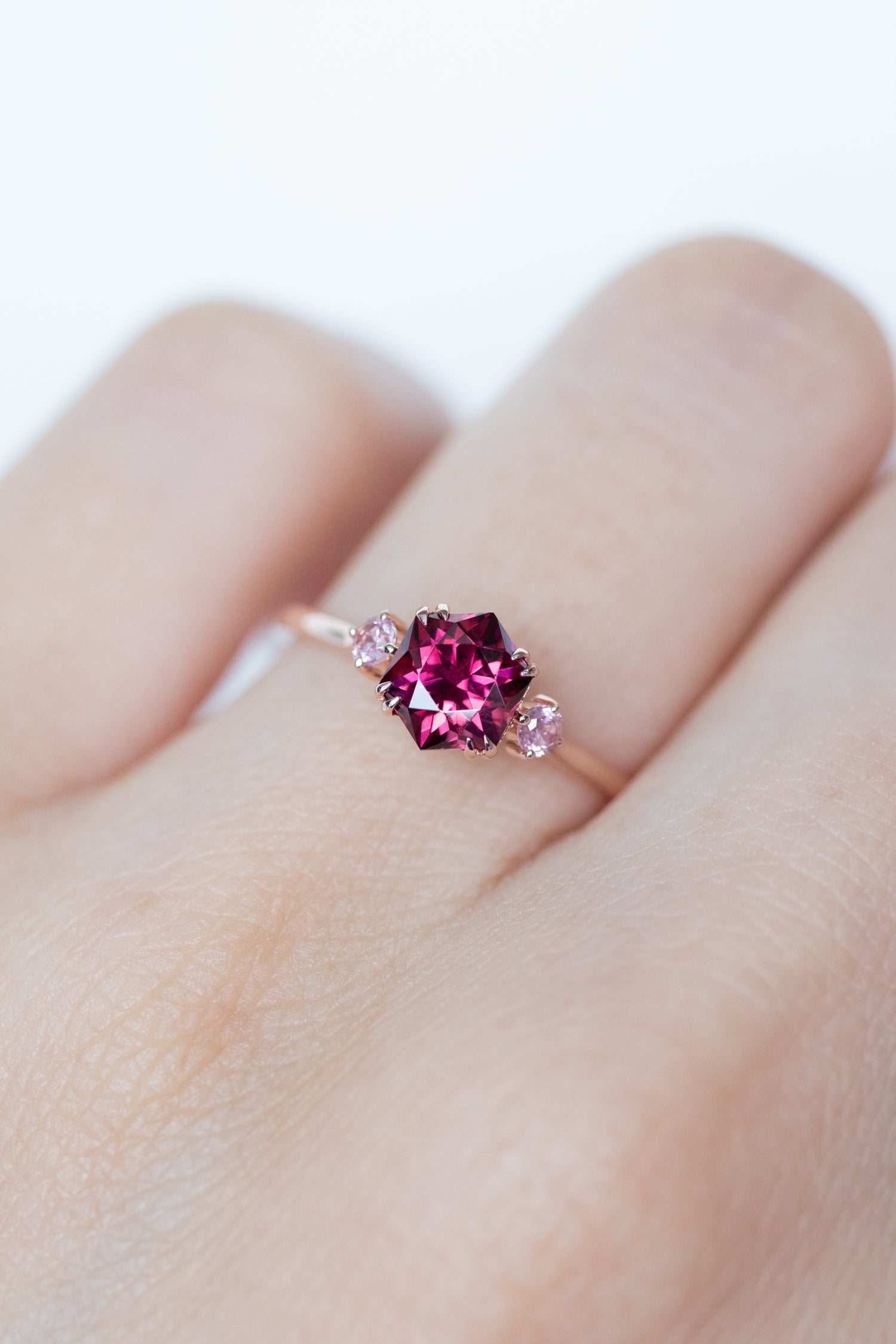 Three Stone ~1.25-1.40ct Hexagon Garnet and Pink Spinel 14/ 18K Gold Ring