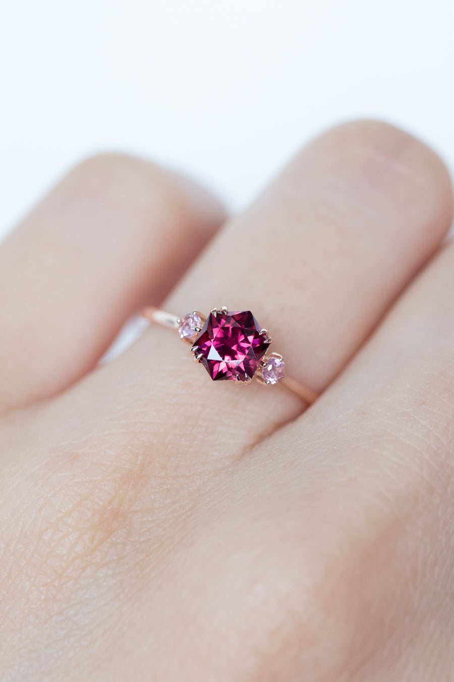 ~1-1.1ct Hexagon Garnet and Pink Spinel 14K Rose Gold Ring