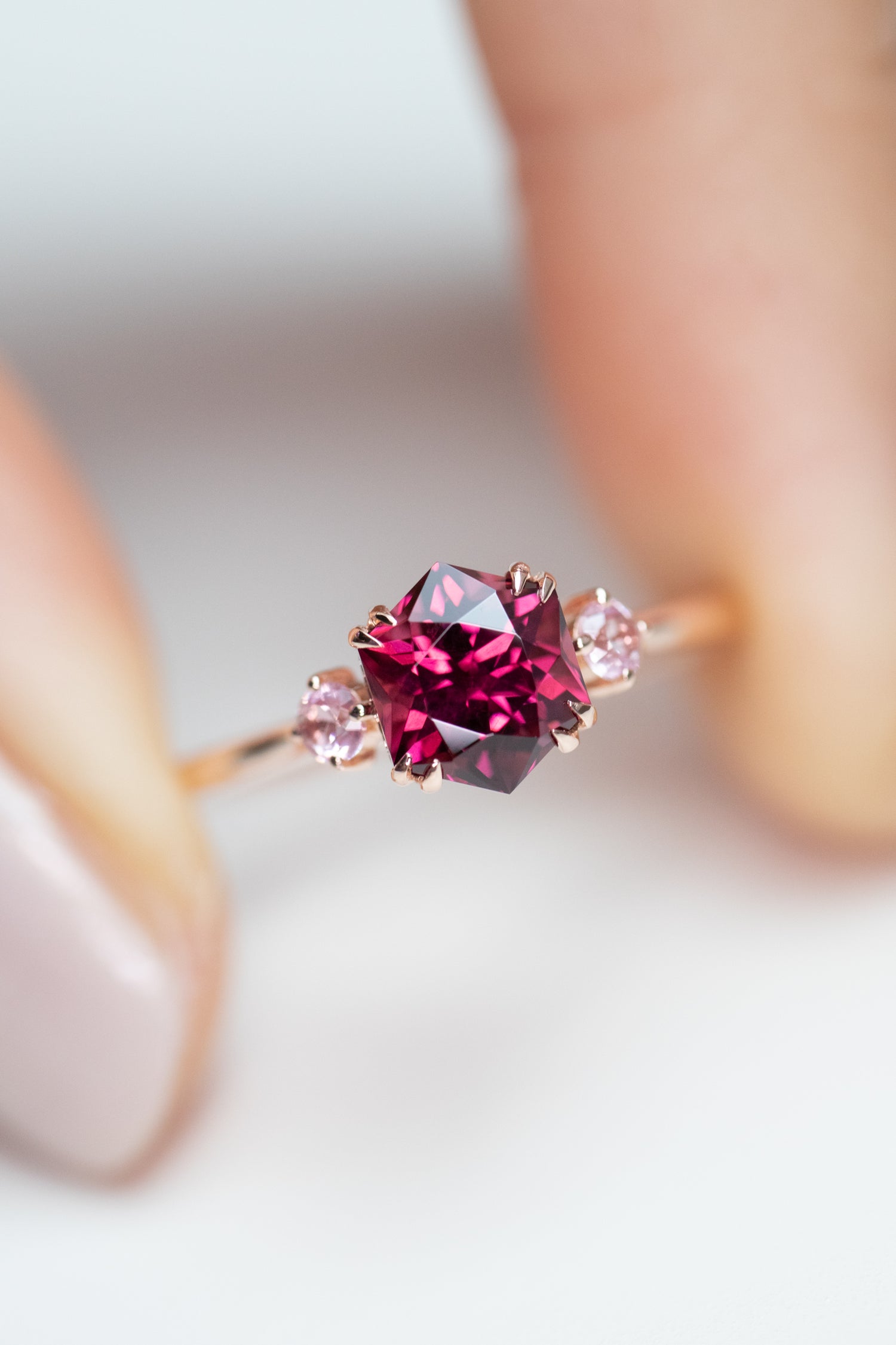 Three Stone ~1.25-1.40ct Hexagon Garnet and Pink Spinel 14/ 18K Gold Ring