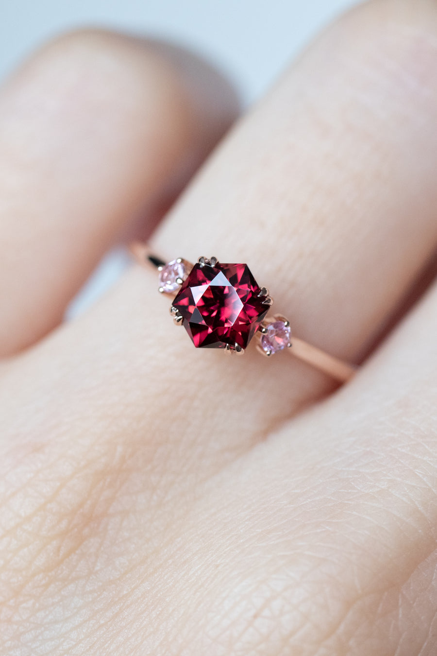 1.03ct Red Hexagon Garnet & Pink Spinels 14K Rose Gold Ring
