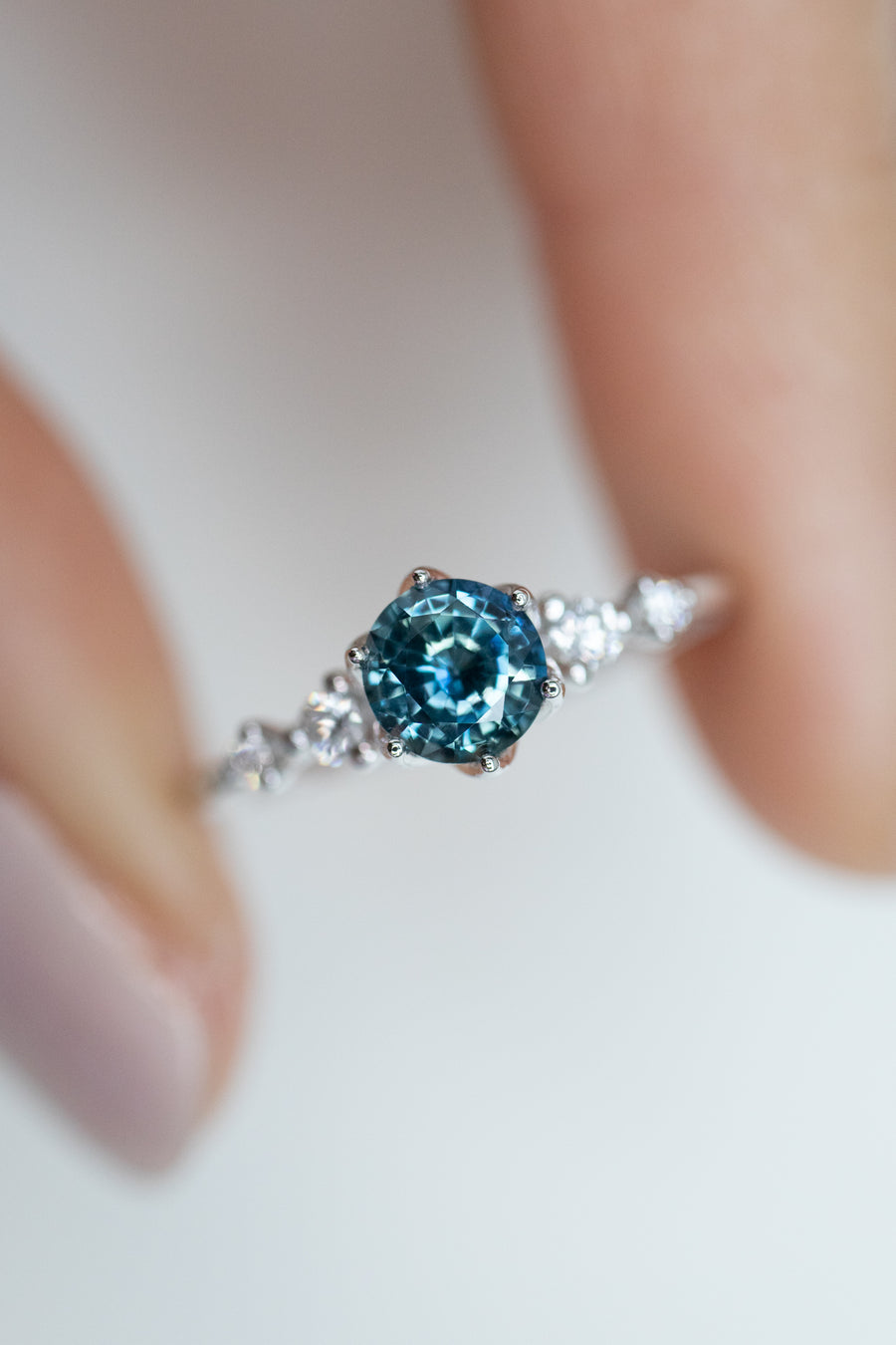 ~0.60-0.7ct Unheated Round Teal Sapphire & 0.10ct Diamonds 18K Rose/ Yellow/ White Gold Ring