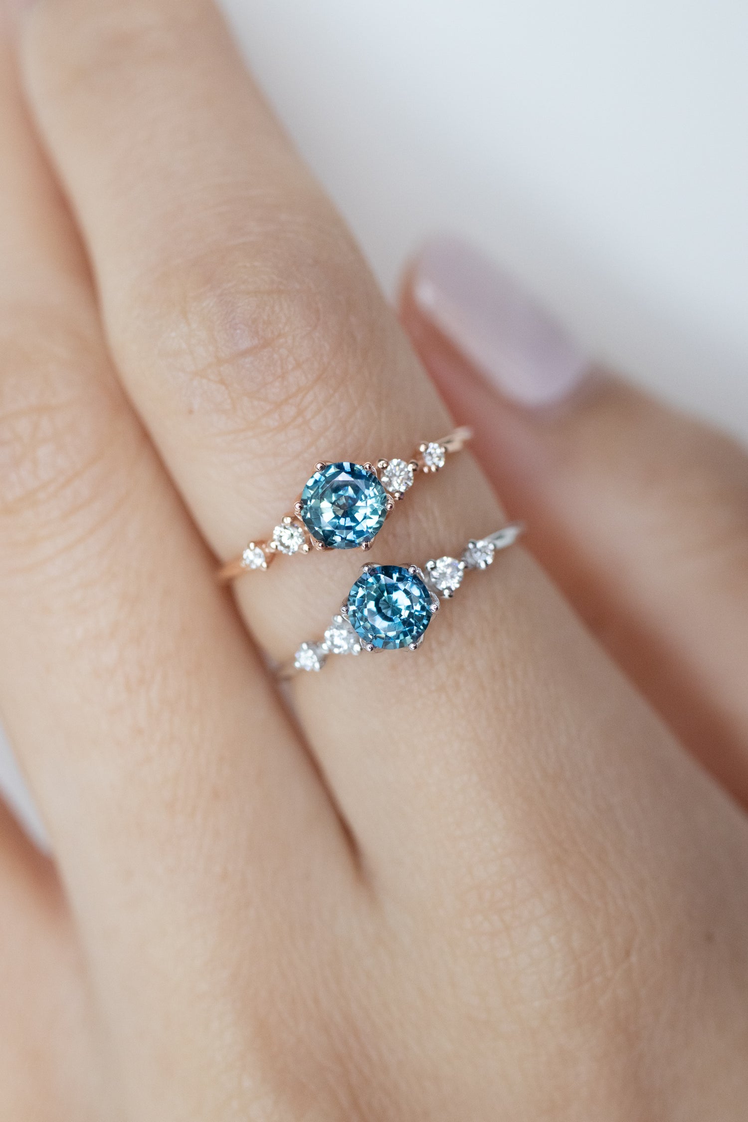 PREORDER - ~0.55-0.60ct Round Teal Sapphire & diamonds 18K Gold Ring