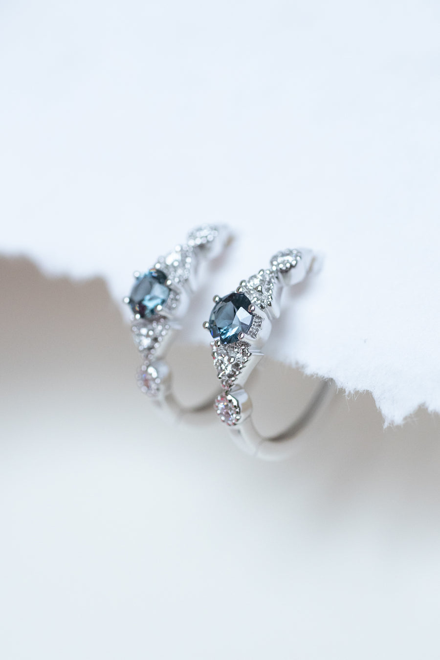 (Preorder) Total 0.50ct Round Grayish Blue Spinel & 0.16ct Diamonds 18K White Gold Hoop Earrings