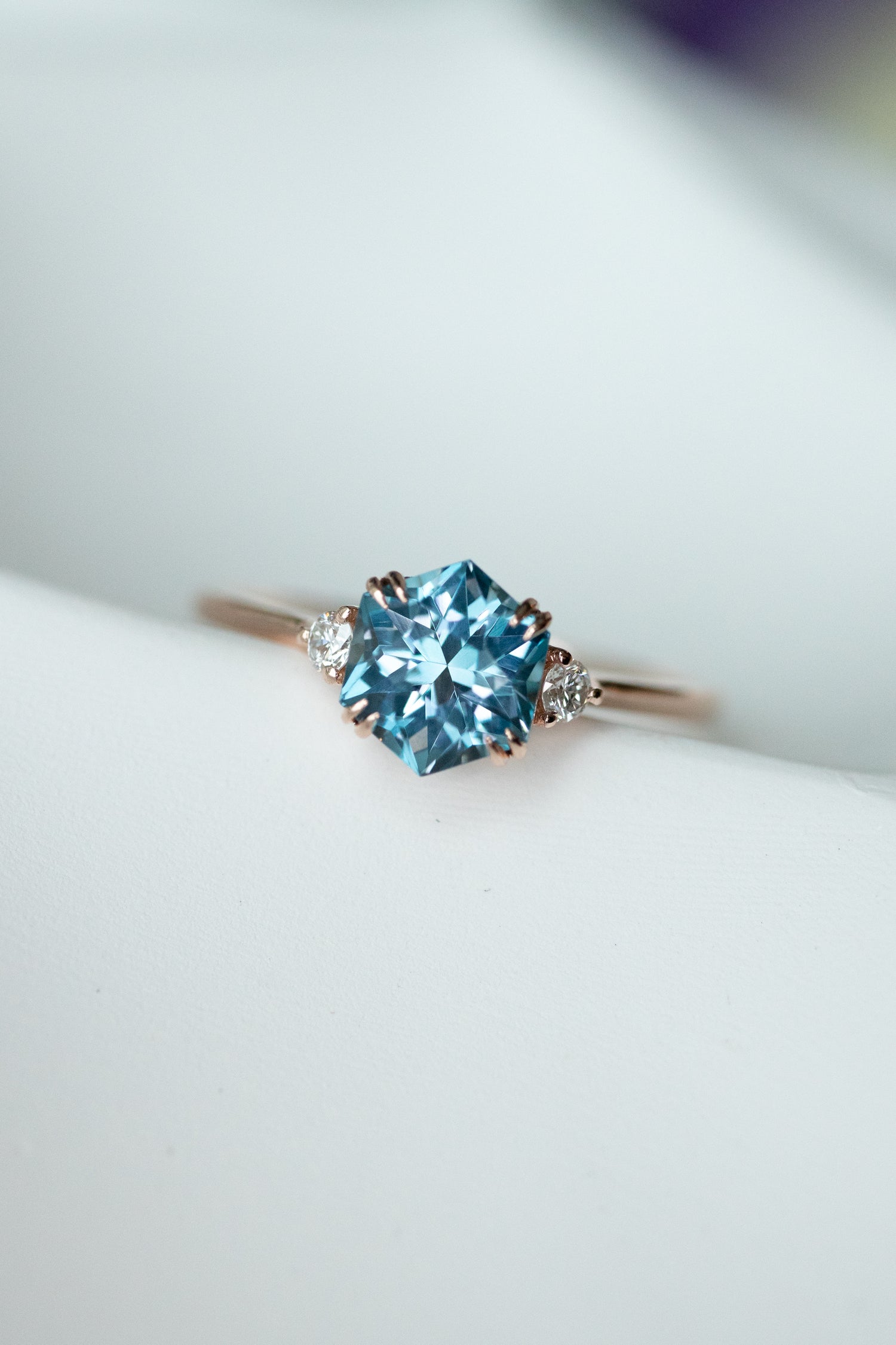 Three Stone Hexagon Sky/ Swiss Topaz ~1-1.20ct & diamonds 14K/18K Gold Ring