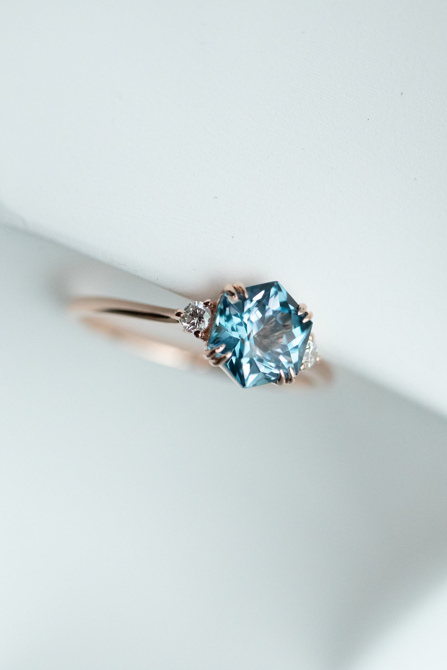 Three Stone Hexagon Sky/ Swiss Topaz ~1-1.20ct & diamonds 14K/18K Gold Ring