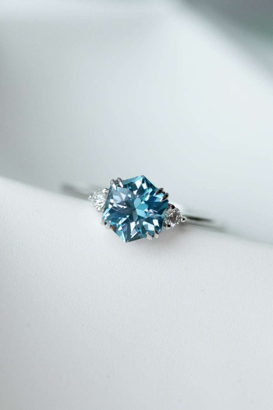 Three Stone Hexagon ~1-1.2ct Sky/ Swiss Topaz & diamond 14K/18K Gold Ring