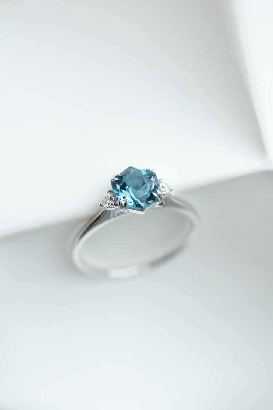 Three Stone Hexagon ~1-1.2ct Sky/ Swiss Topaz & diamond 14K/18K Gold Ring