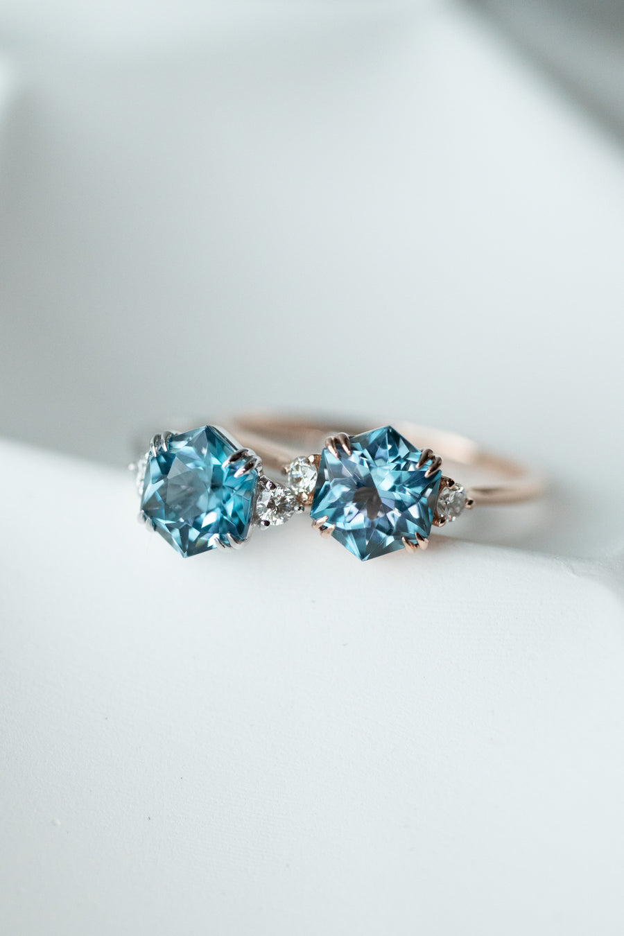 Three Stone Hexagon ~1-1.2ct Sky/ Swiss Topaz & diamond 14K/18K Gold Ring