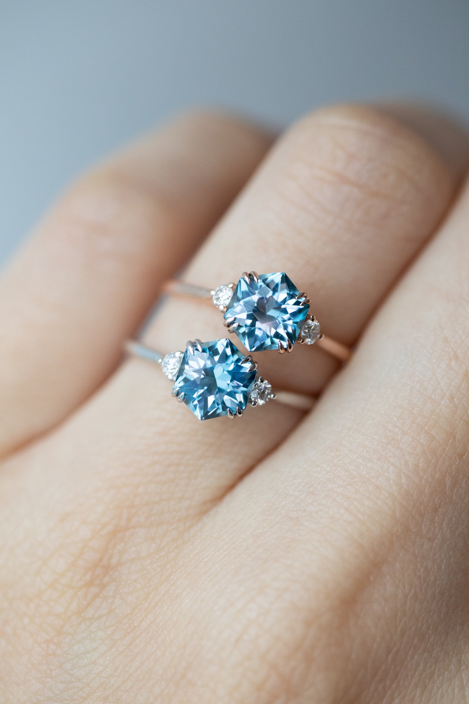 Three Stone Hexagon Sky/ Swiss Topaz ~1-1.20ct & diamonds 14K/18K Gold Ring