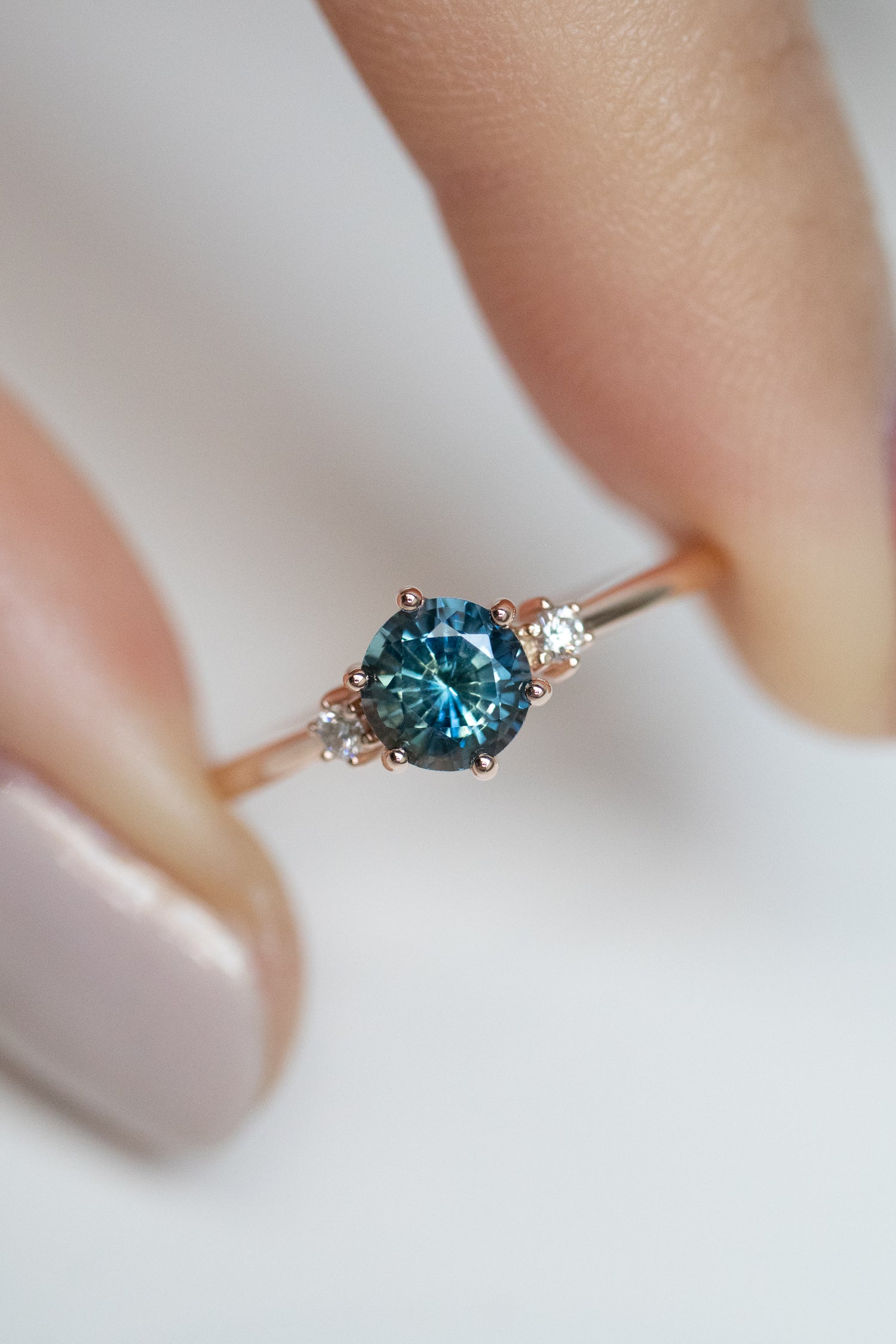 0.67ct Round Teal Sapphire (Unheated with Certificate) & diamonds 18K Rose Gold Ring with diamonds Stacking Ring